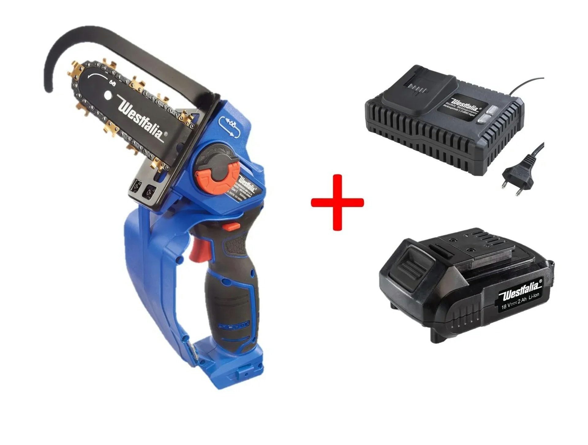 Westfalia Akku-Kettensäge X-Saw-Pro Powersäge-Set, inklusive 18V Akku 2,0 Ah und Schnellladegerä, Set