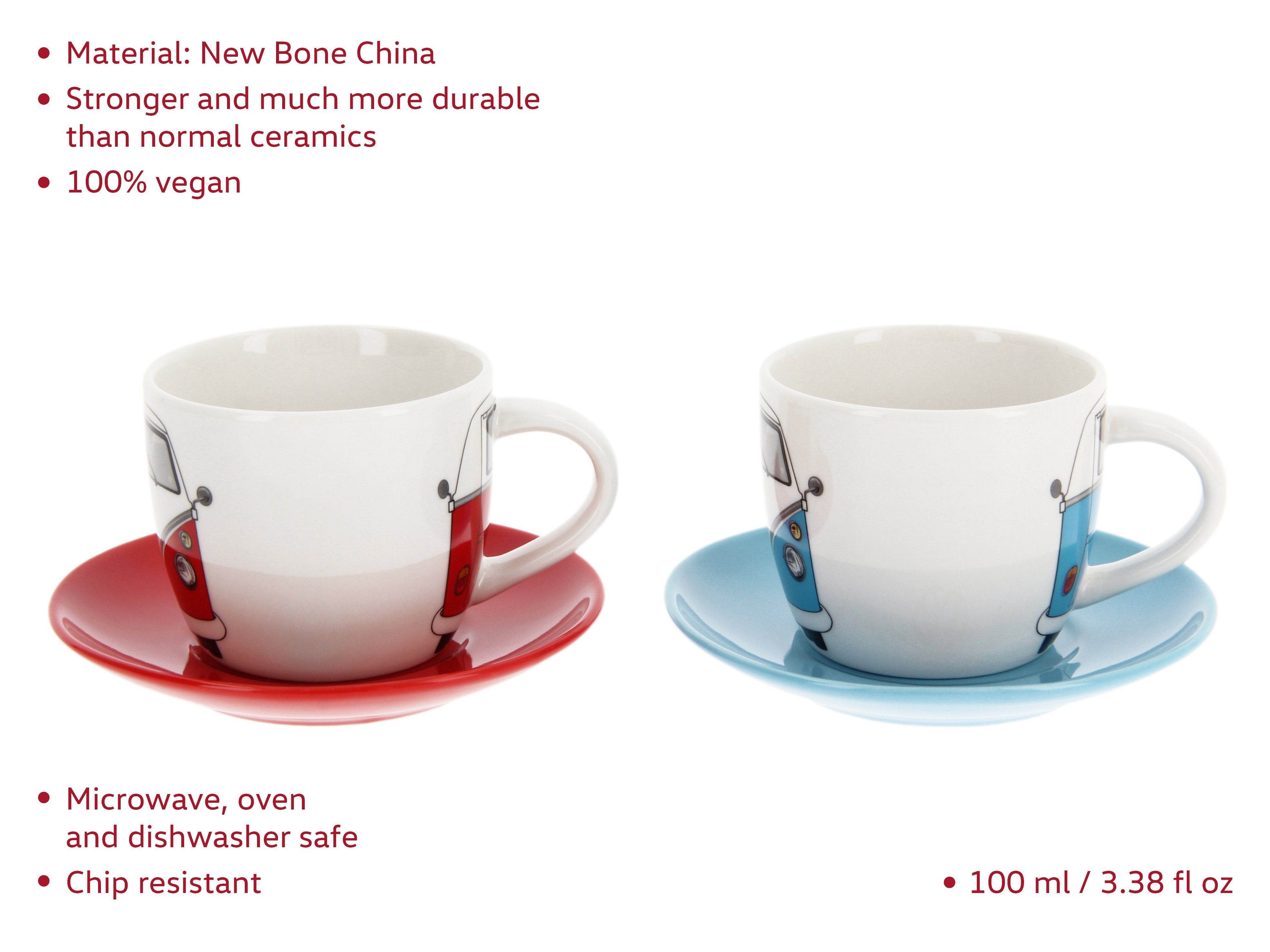 VW Collection by BRISA Espressotasse Volkswagen kleine Kaffeetassen, New Bone China, Espresso Becher im T1 Bulli Bus Design Bus Front, 2er Set, 100ml
