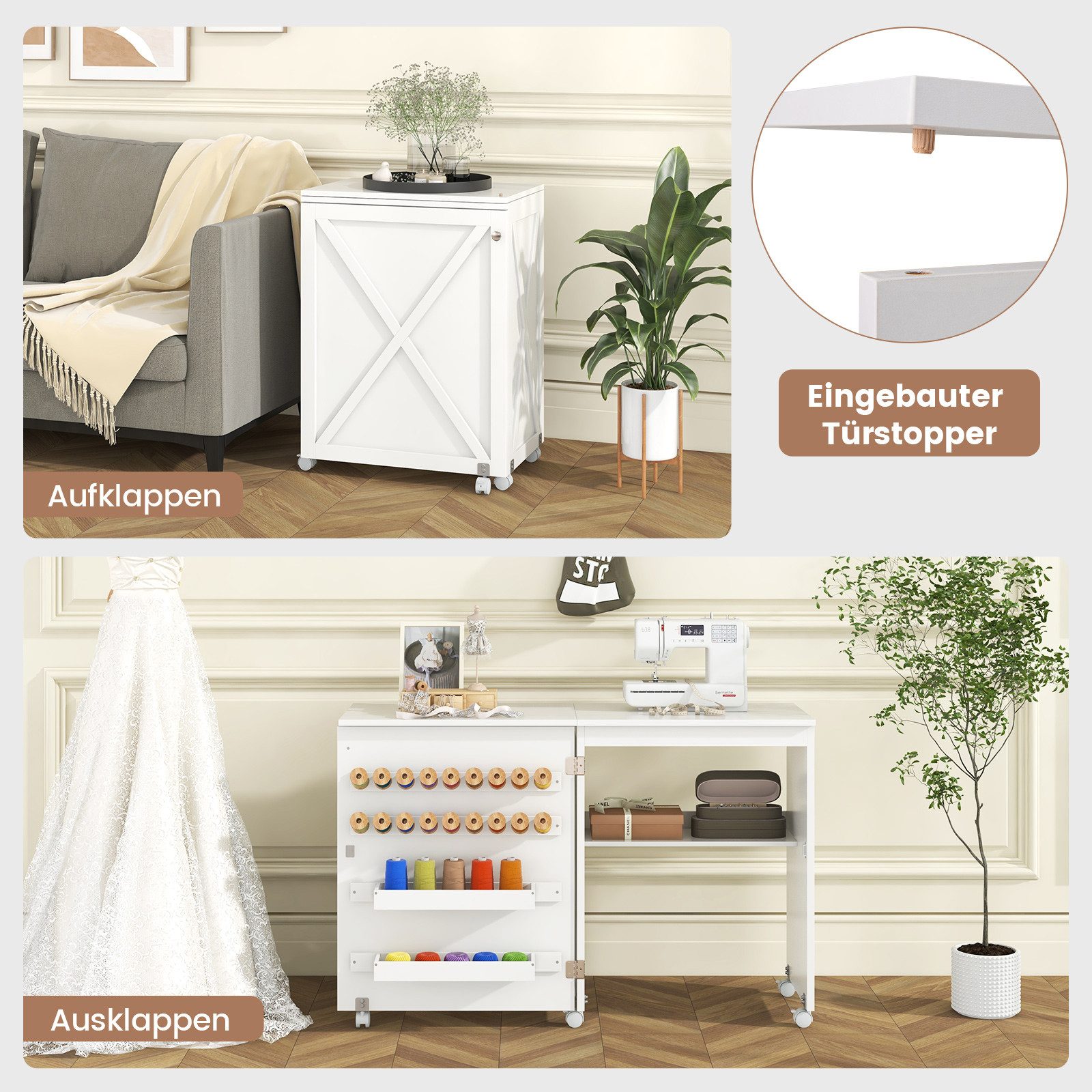 COSTWAY Schreibtisch, klappbar, Nähschrank mit Ablage, Klammern auf Rollen