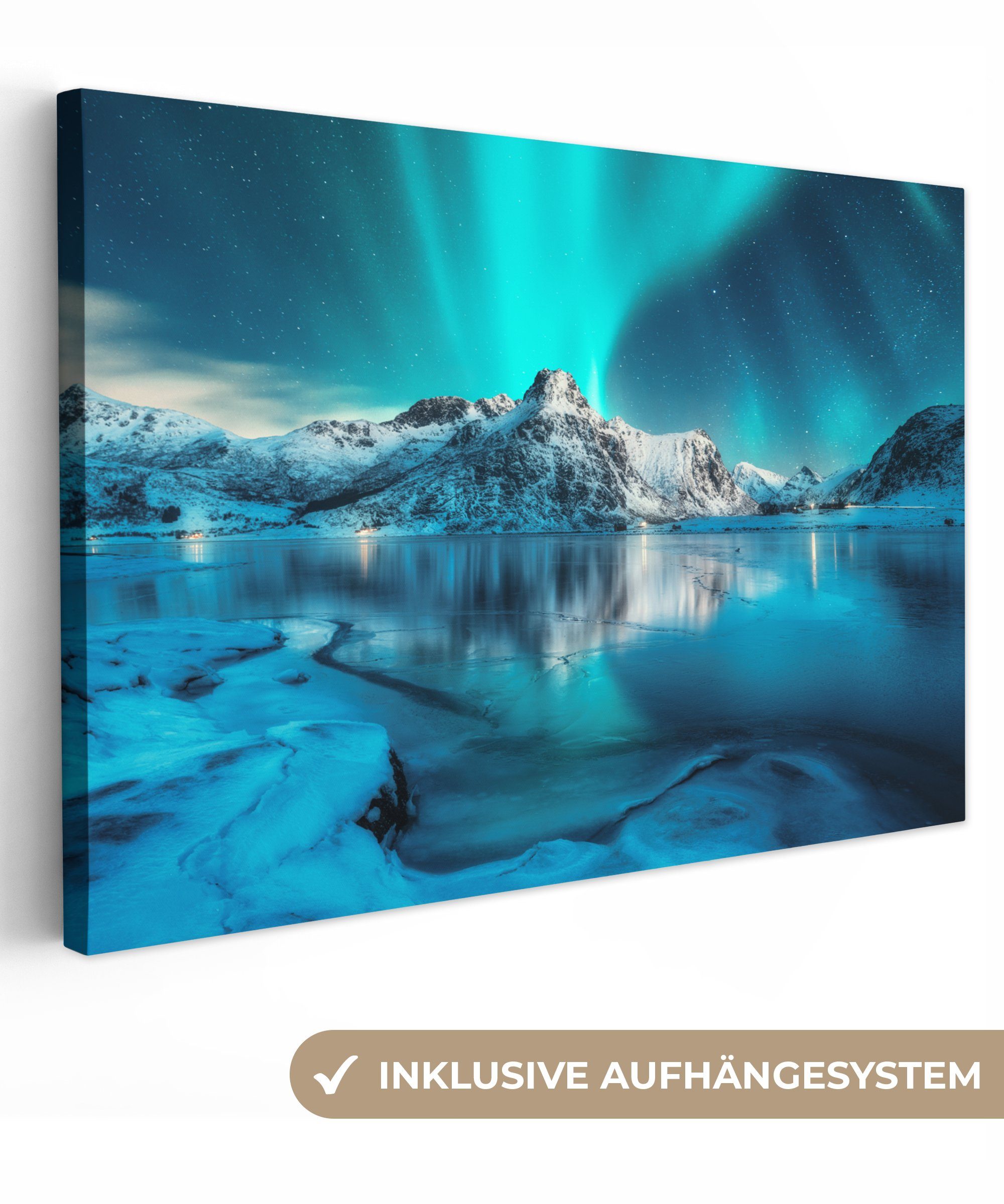 OneMillionCanvasses® Leinwandbild Nordlicht - Eis - Schnee - Norwegen - Blau - Berge, Fotodruck (1 St), Wandbild XXL für Wohnzimmer Küche 120x80 cm