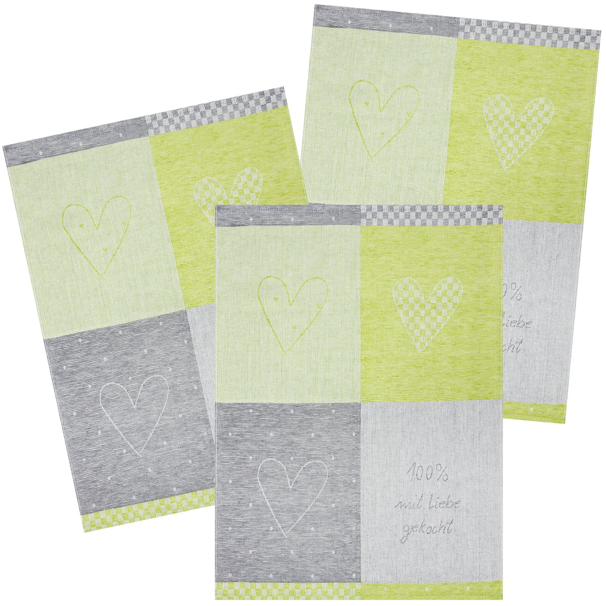 Kracht Geschirrtuch 100% Liebe, (3-tlg), 3er Pack Geschirrtücher (3 Stück), ca. 50 x 70 cm, Halbleinen Jacquard