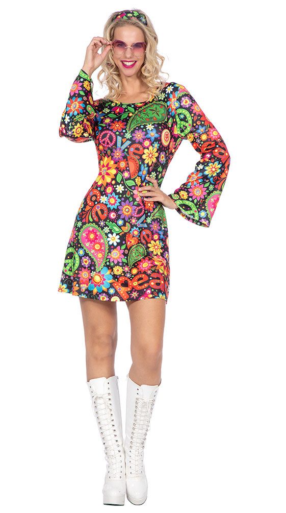 Karneval-Klamotten Hippie-Kostüm Damen 60er Jahre Flower Power Peace Frauenkostüm, Schwarzes Hippie-Kleid mit Blumen Peace Frauenkostüm 60er 70er Outfit
