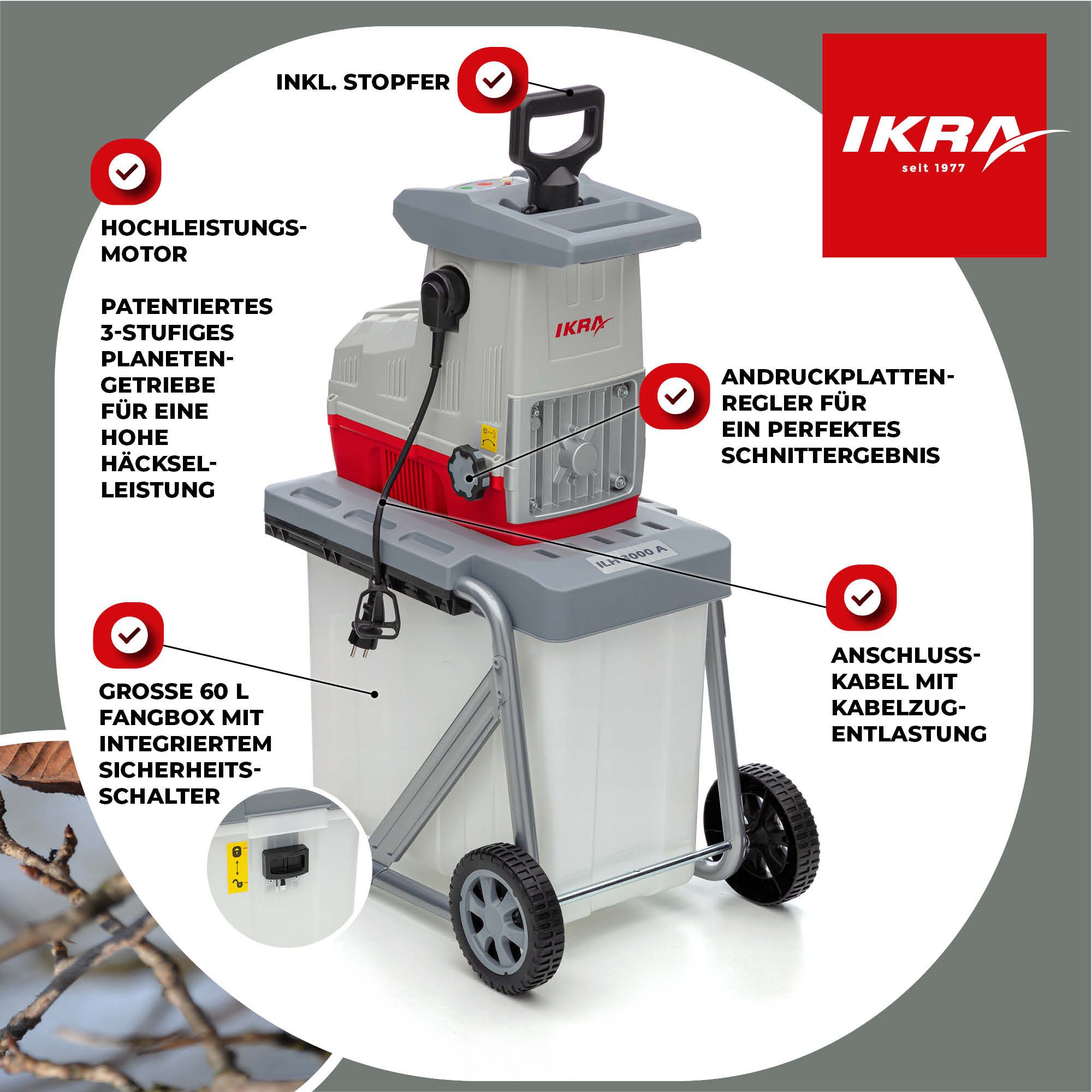 ikra GmbH Häcksler ILH 3000 A, 4,4 cm max. Astdurchmesser, (inkl. Stopfer, Fangkorb, Gartenschere & Schutzbrille), 3000 Watt, leiser Lauf, mit Rücklauffunktion