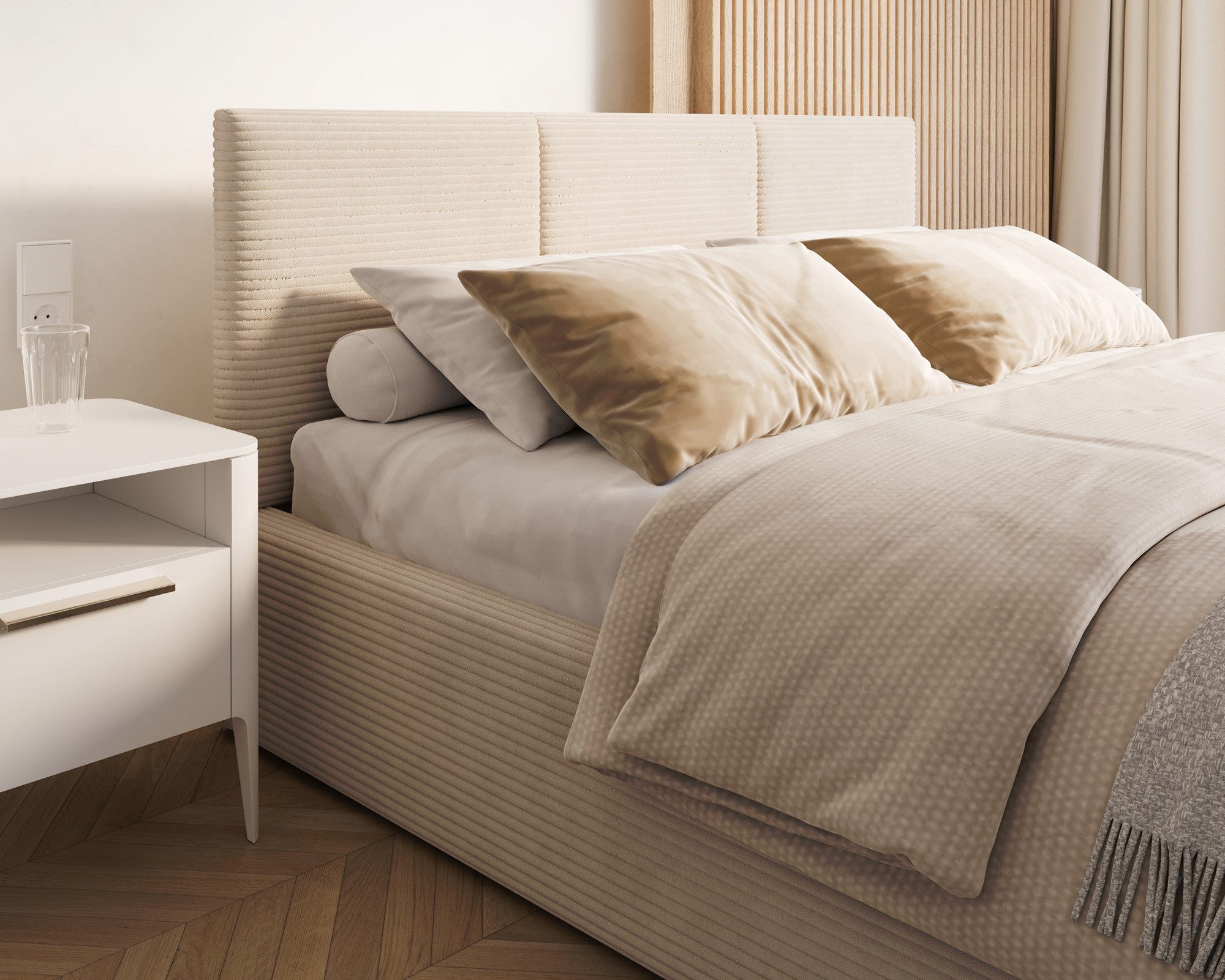 thematys Polsterbett mit Bettkasten & Lattenrost – Stauraumbett Cord 120x200–180x200 (Optional mit 28 cm H3/H4 Taschenfederkern oder 23 cm Taschenfederkern-Matratze H2)