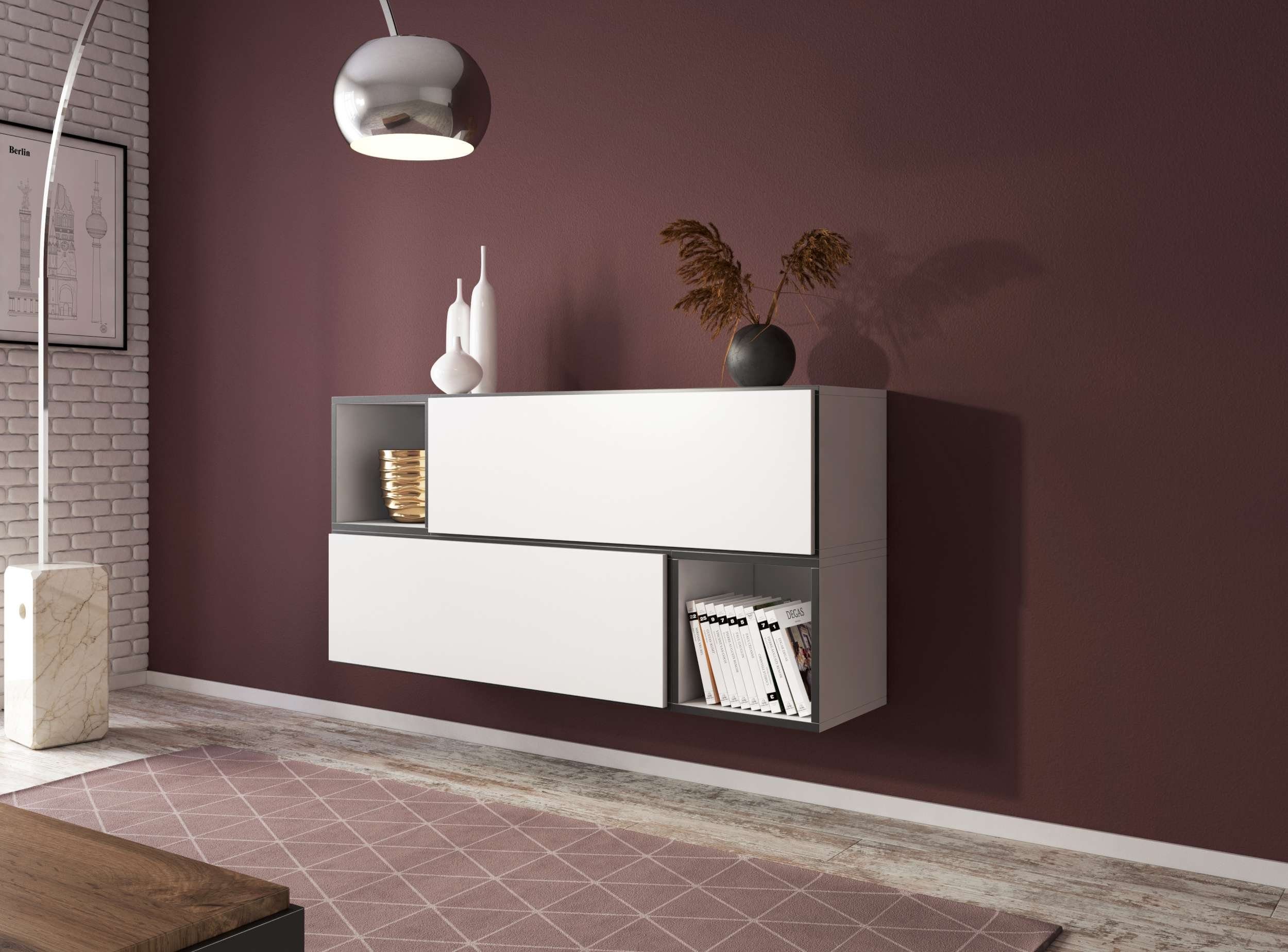Weiß Matt Design (Set - mit Wohnmöbel, bestehend Modern Push-to-Open, (4-St), 2xHängeschrank, Wohnwand 2xWandregal XIV, und Anthrazit Wohnzimmer-Set), Cono Stylefy aus