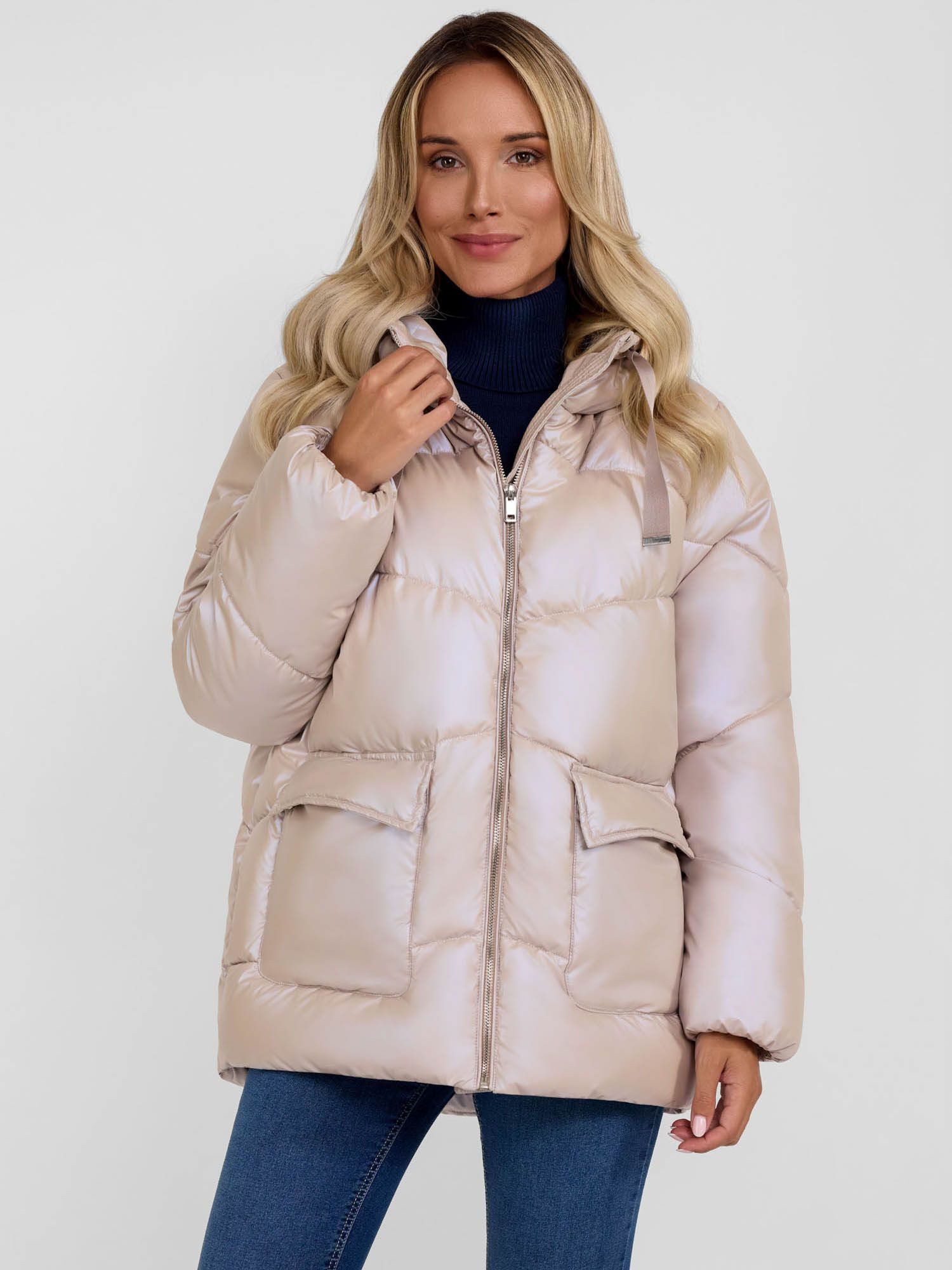 Winterjacke Kurze Steppjacke mit Kapuze und Druckknopftaschen (XS-XXL)