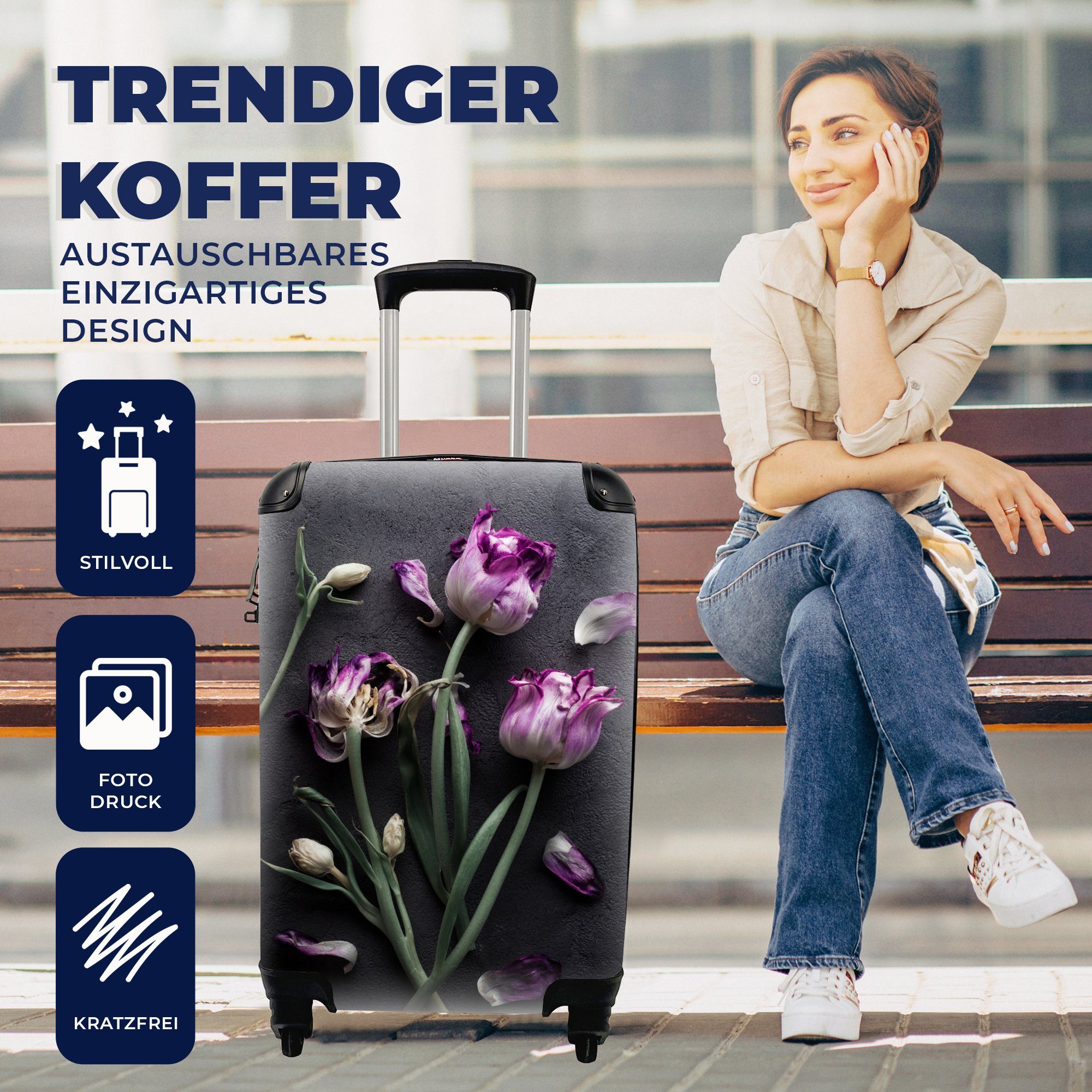 MuchoWow - rollen, Handgepäckkoffer Handgepäck 4 Blätter, Reisetasche Lila Reisekoffer Rollen, - für Trolley, Tulpen Ferien, mit