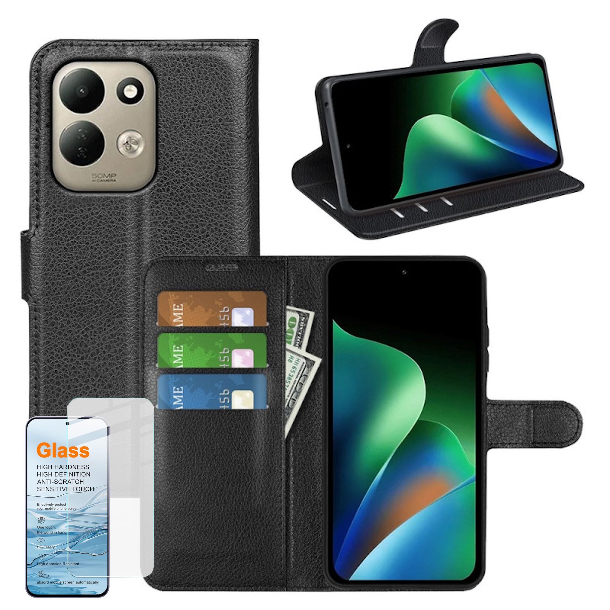 Wigento Handyhülle Klapphülle + 9H Schutzglas für Xiaomi Redmi 17 5G / 4G Wallet Tasche 6,9 Zoll, Produktset Kunstleder Tasche + H9 Hart Glas