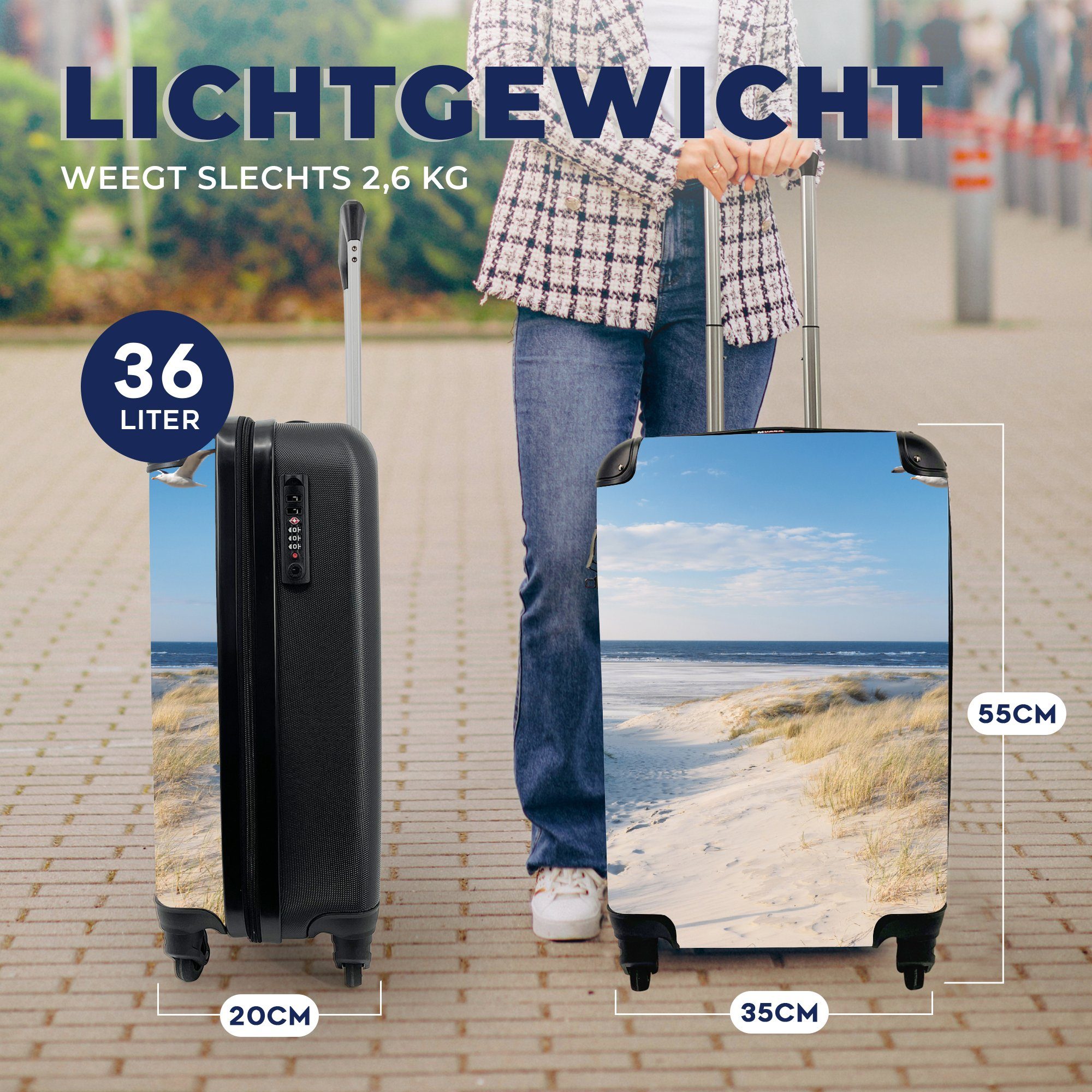 MuchoWow Handgepäckkoffer Düne - Rollen, Reisekoffer Reisetasche Strand - Ferien, mit - Möwe - für Handgepäck Sonne, Trolley, Meer rollen, 4