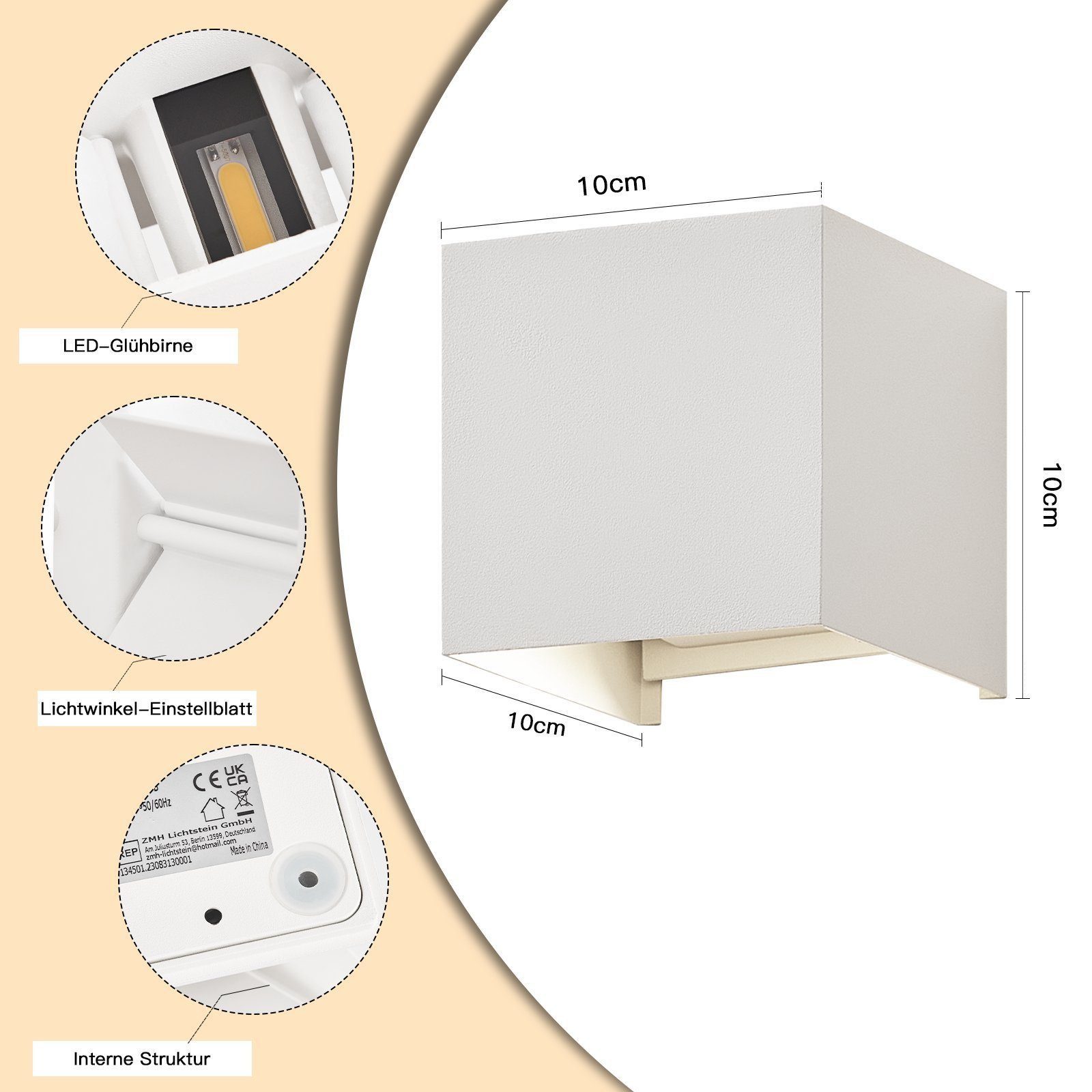 feinlux LED Aufbaustrahler Wandleuchte Innen Flurlampe Innen Wandlampe, LED fest integriert, Warmweißes Licht, Vervollkommnen Sie für Wohnzimmer, Schlafzimmer, Kü