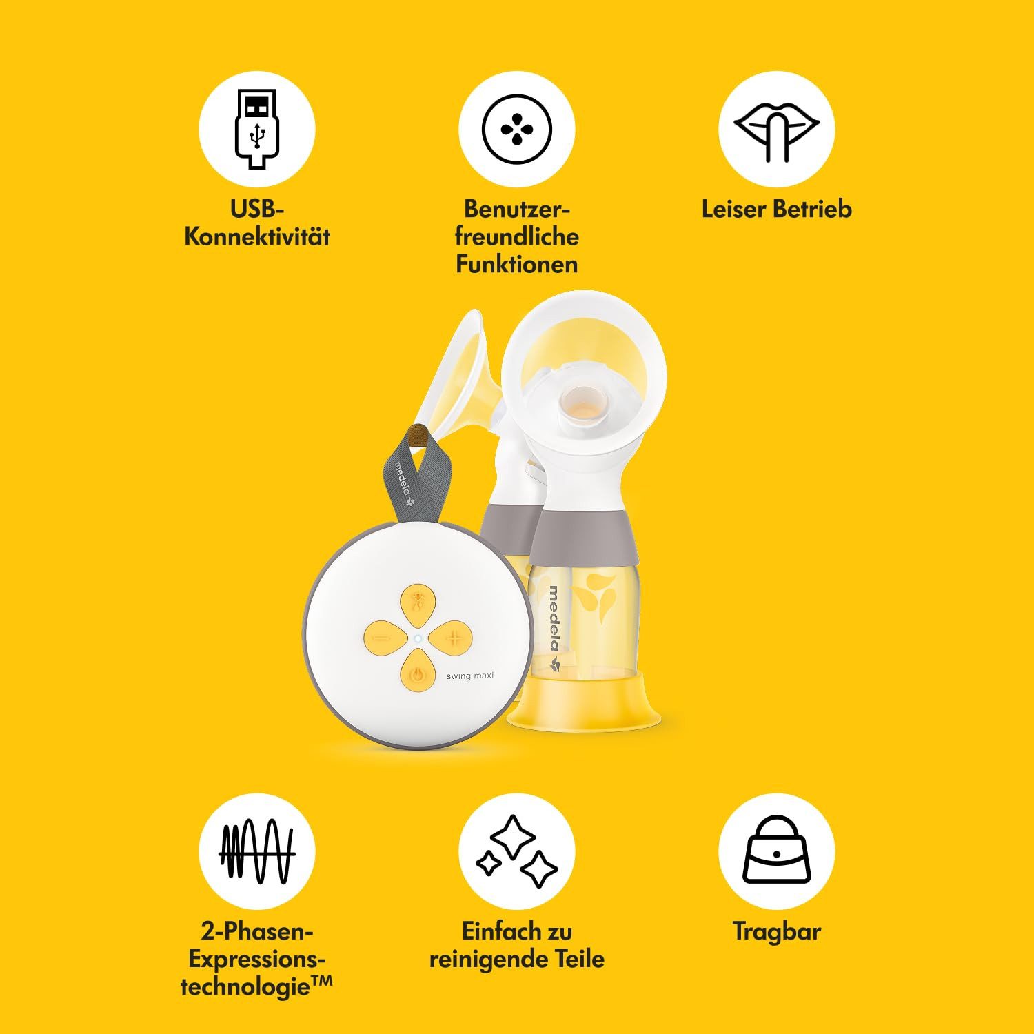 MEDELA Elektrische Doppelmilchpumpe SWING MAXI Milchpumpe mit 6 Abpumpvorgänge, Beidseitiges Abpumpen für 18% mehr Milch