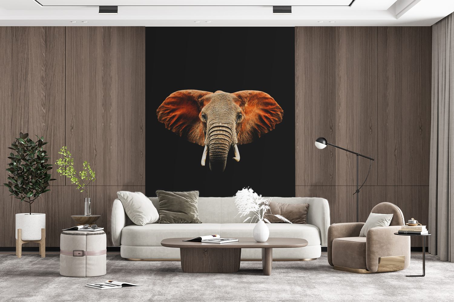 - Vinyl für Tapete Elefant (3 MuchoWow Kopf, St), Wandtapete Matt, Fototapete Wohnzimmer, Schwarz Montagefertig - bedruckt,