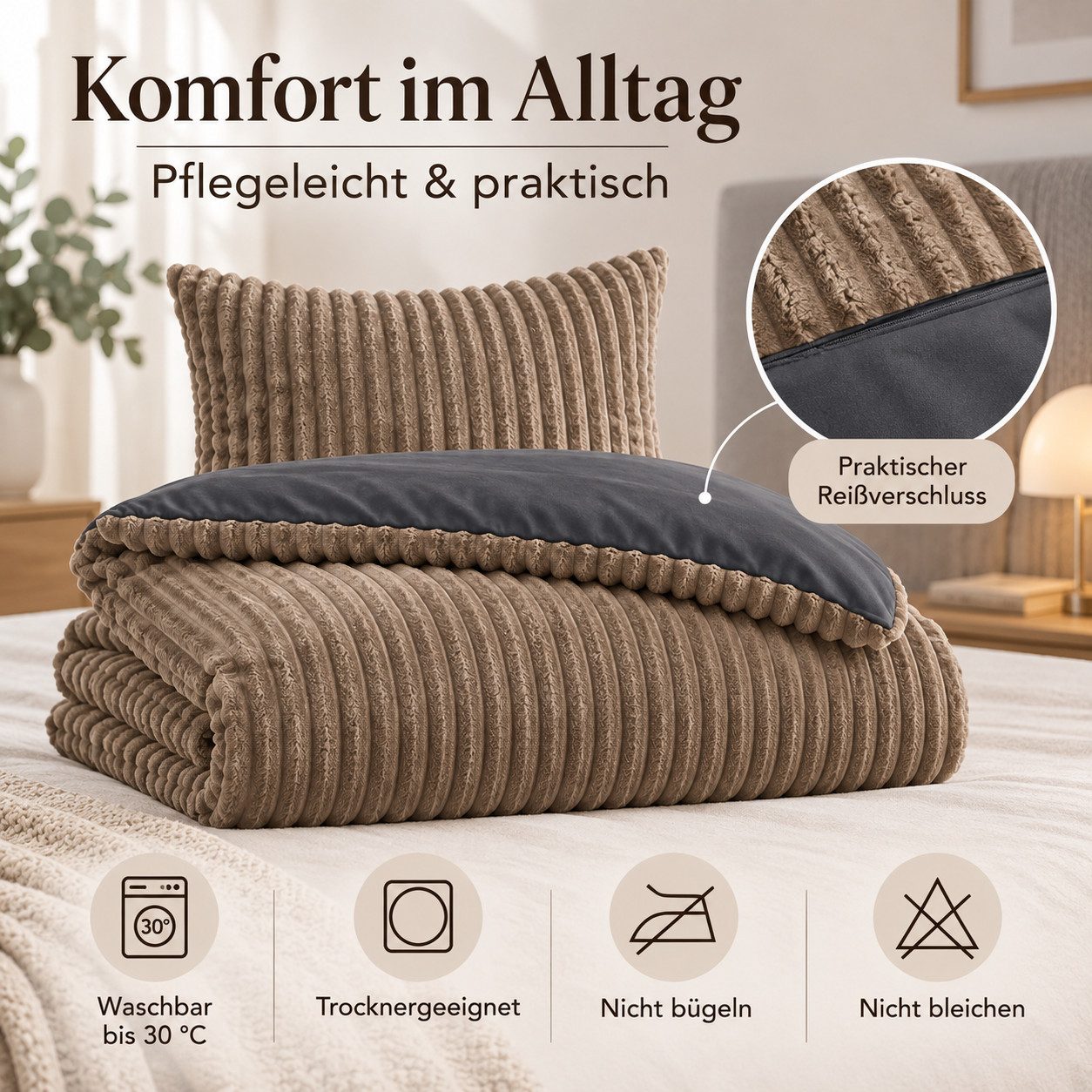 Leonado Vicenti Bettwäsche Teddyplüsch Cord Optik, Fleece, 4 teilig, extra warm und kuschelig, Winterbettwäsche Cashmere Touch – Bild 5 von 5