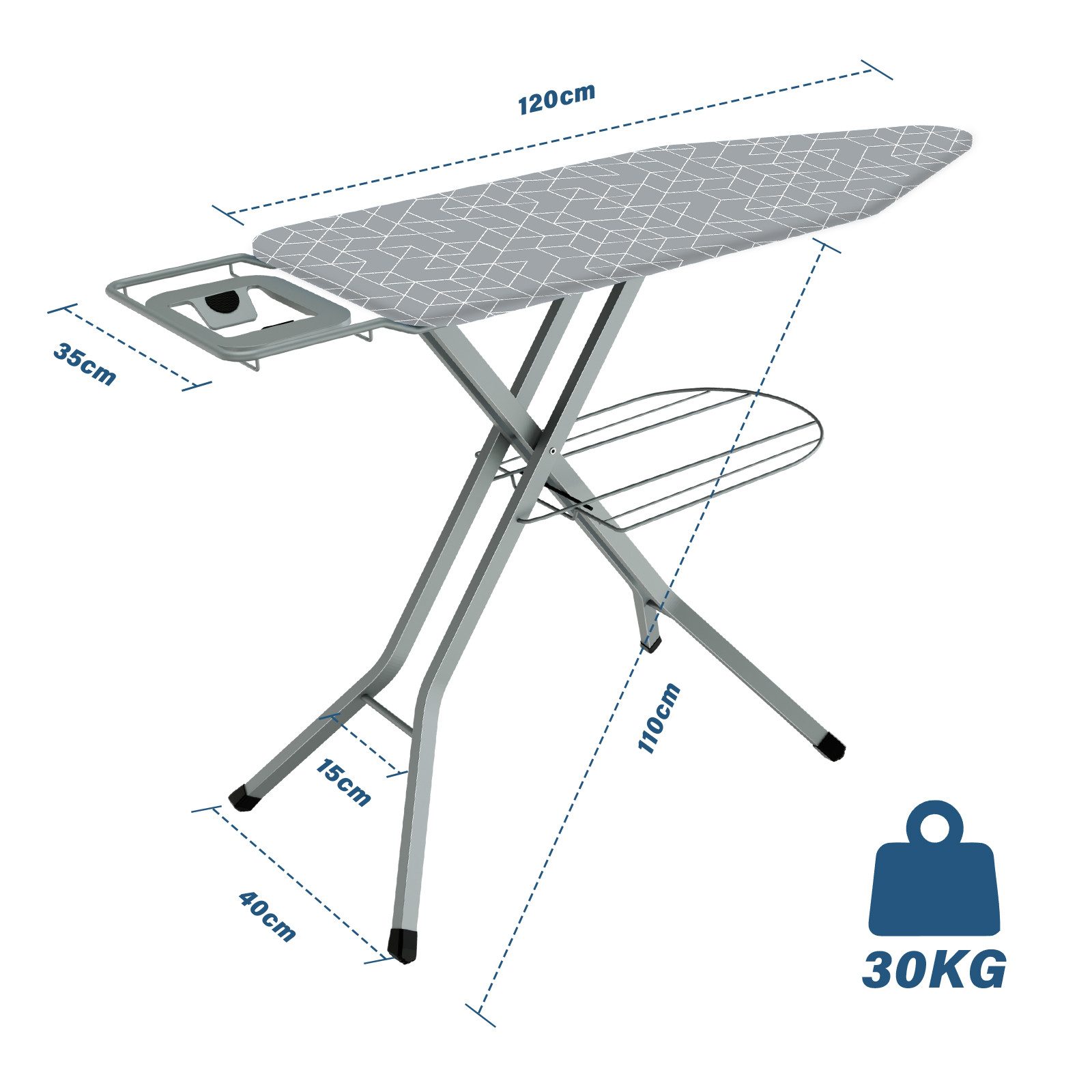 DEWINNER Bügelbrett XXL 120 × 45 cm klappbar höhenverstellbar, Bügelfläche 45x120 cm, Sicherheitsverschluss, Ablage f. Dampfbügeleisen – Bild 4 von 5
