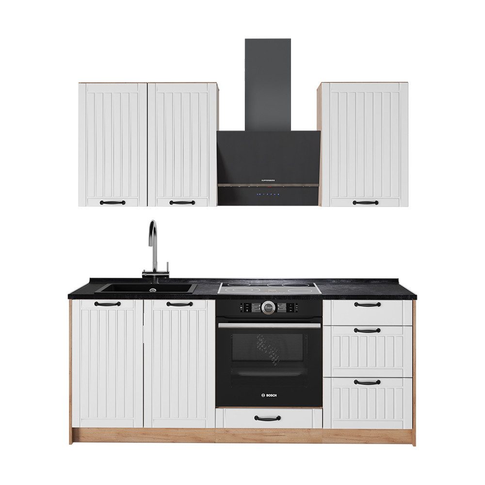 Vicco Küchenzeile Fame-Line, Weiß Landhaus/Goldkraft Eiche, 190 cm, AP Anthrazit