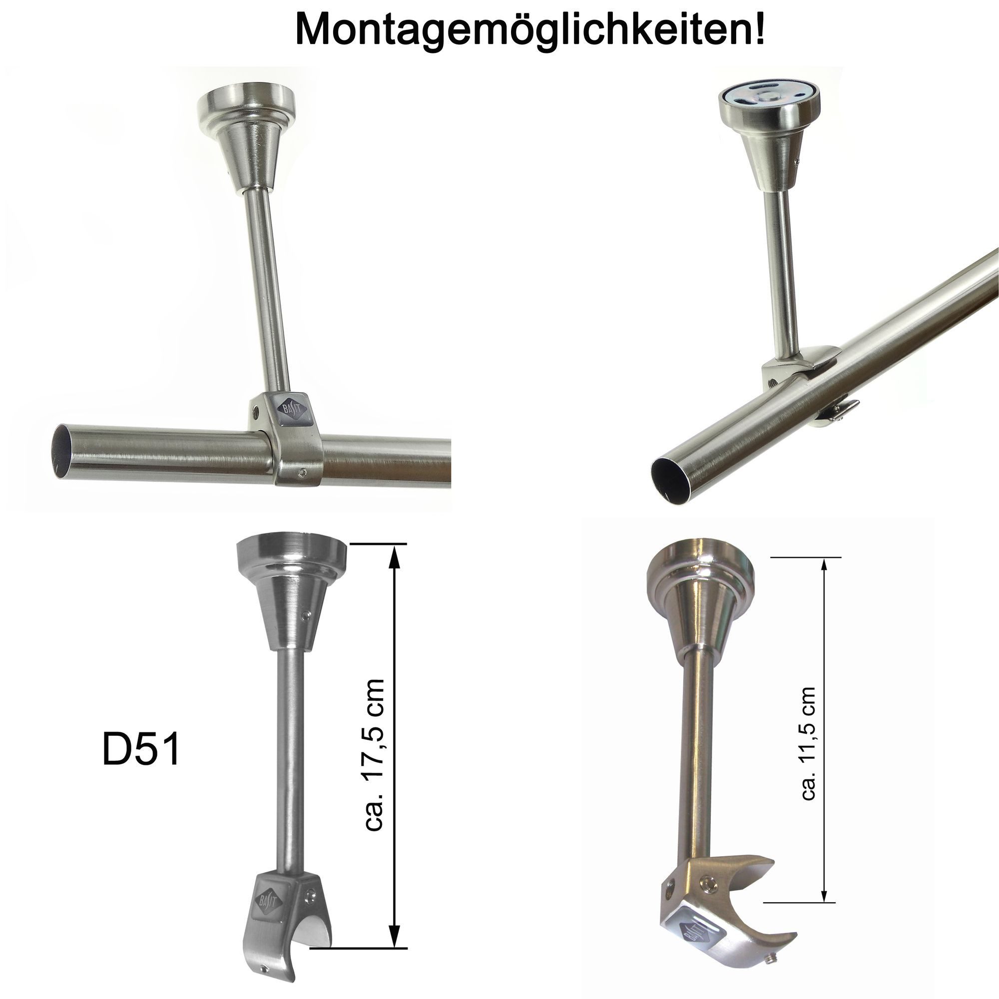 BASIT Gardinenstange Edelstahloptik 20mm mit Deckenträgern 280 cm E34, Ø 20 mm, 1-läufig, verschraubt, Metall, D51R 280 cm E34 Zylinder