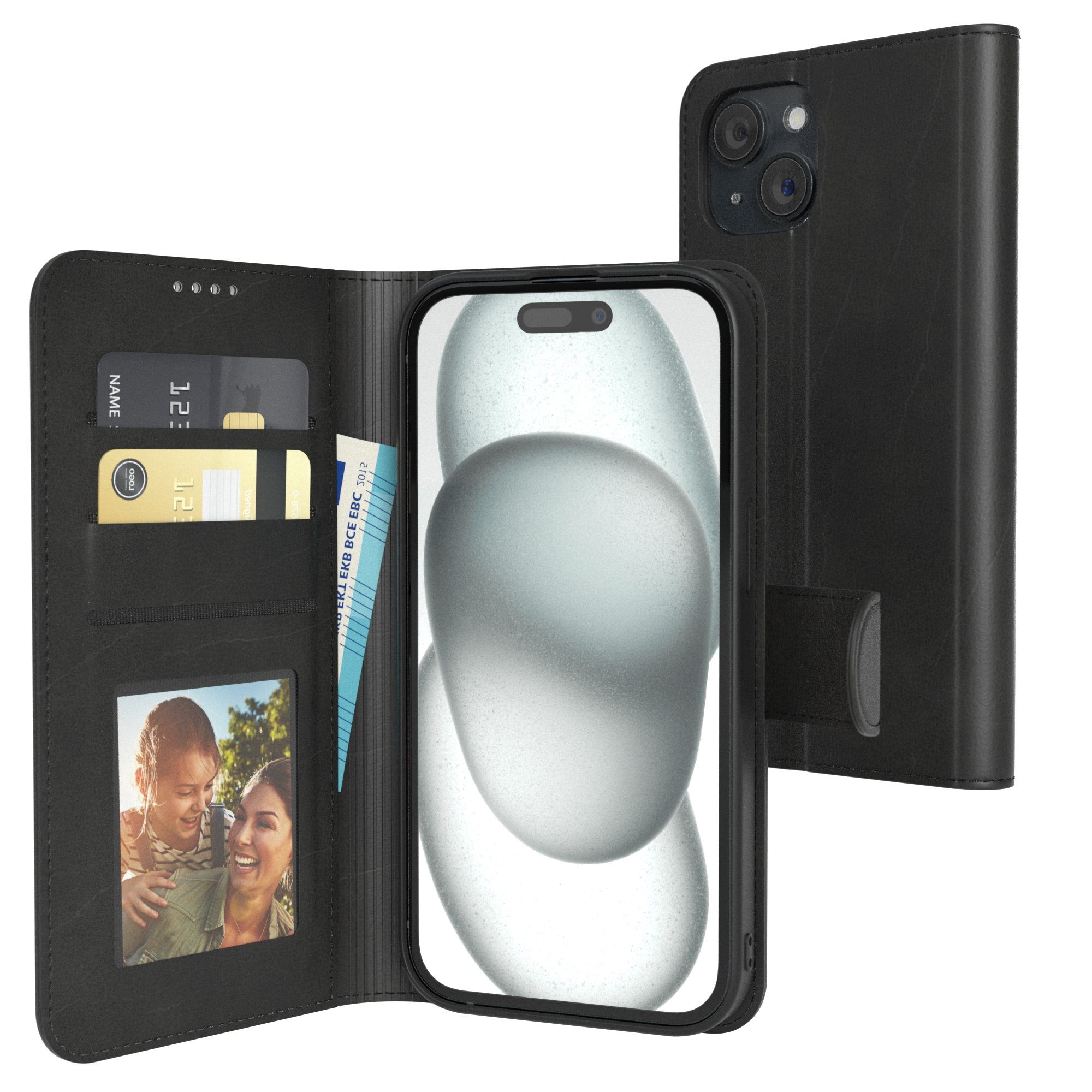 EAZY CASE Handyhülle Business Handytasche Kartenfächer für iPhone 15 6,1 Zoll, Schutzhülle mit Standfunktion zum Aufklappen aufstellbar Etui Schwarz