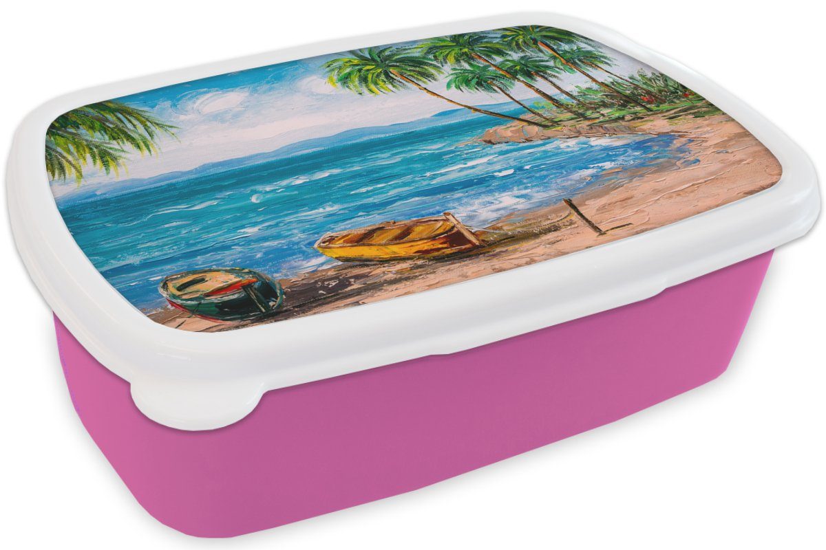 für rosa MuchoWow - Lunchbox (2-tlg), Gemälde Brotdose Kunststoff, Strand Snackbox, - - Kinder, Öl Palme Mädchen, Brotbox - Erwachsene, Leinwand Kunststoff auf Boot,