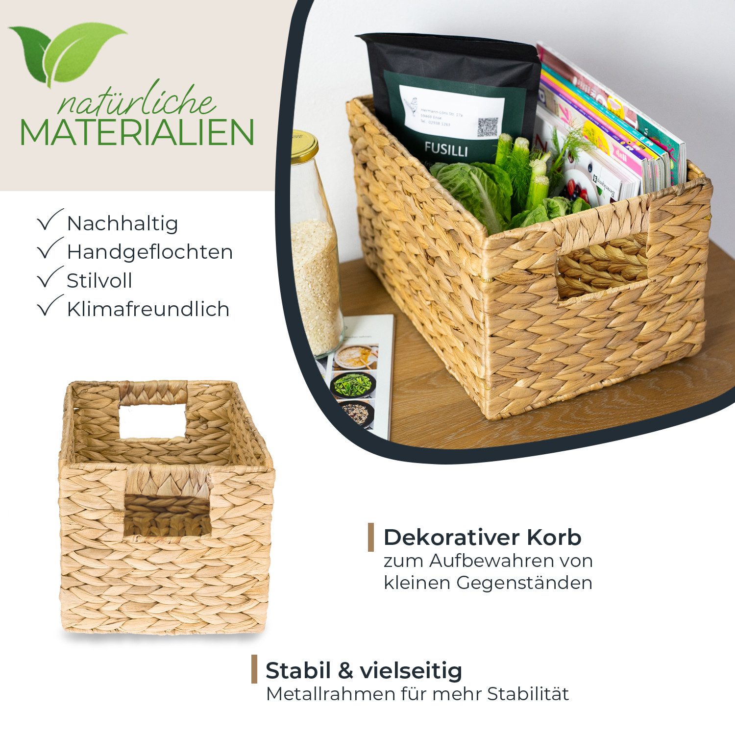 HMF Aufbewahrungskorb Aufbewahrungskorb Wasserhyazinthe, Korb mit Griffen zur Aufbewahrung (1 St), für Badezimmer Küche und Wohnbereich, Größe M, 32 x 23 x 20 cm, Natur