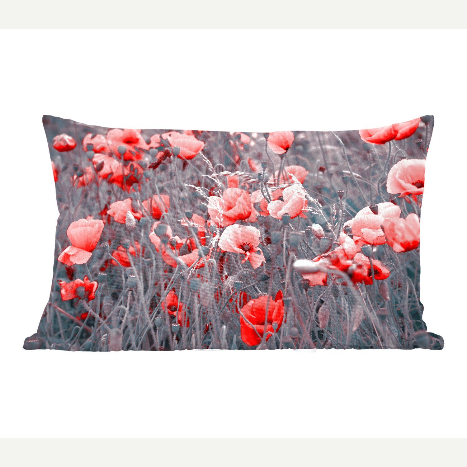 MuchoWow Dekokissen Rote Mohnblumen in einem Schwarz-Weiß-Bild, Wohzimmer Dekoration, Zierkissen, Dekokissen mit Füllung, Schlafzimmer