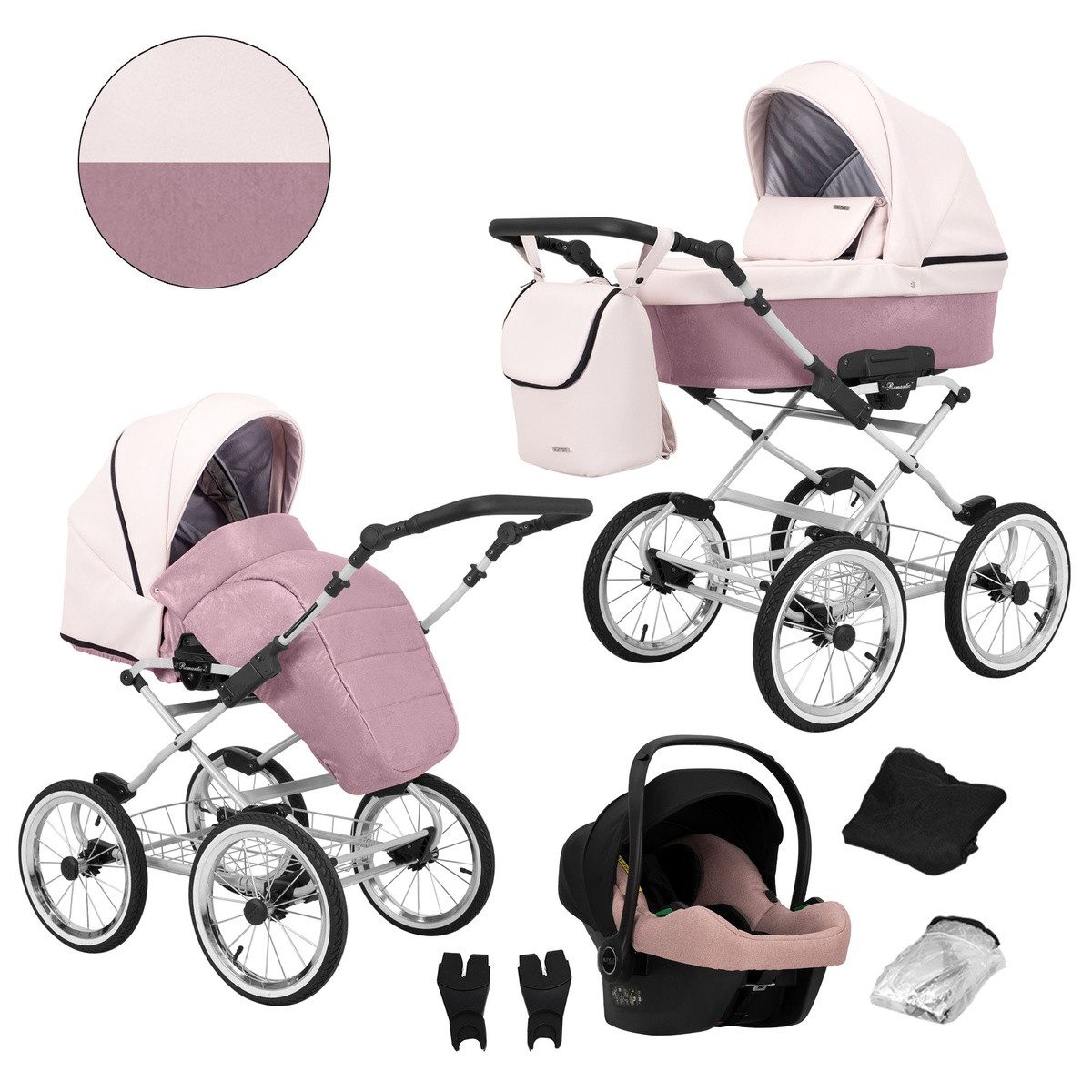 KUNERT Kombi-Kinderwagen Romantic 3-in-1 Öko-Leder Kinderwagen mit Cosmo Autositz, Große Tragewanne, stabiler Stahlrahmen, aufblasbare Räder