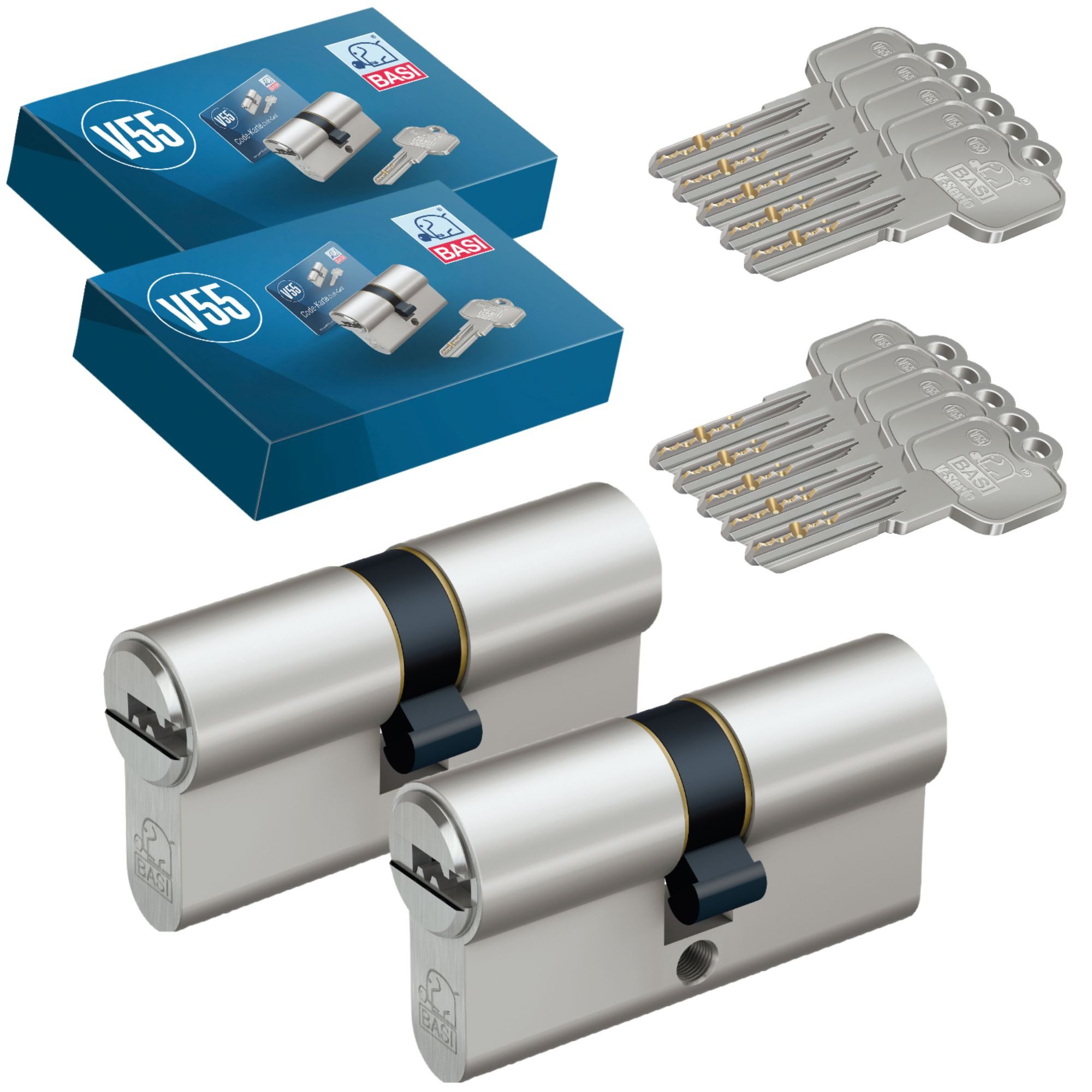 BASI Schließzylinder 2er SET V55, Gleichschließend, diverse Längen, (Spar-Set, 2-St), 2xDoppelzylinder 30/30 mm, 5 Stiftzuhaltungen, 10 Schlüssel, Codekarte