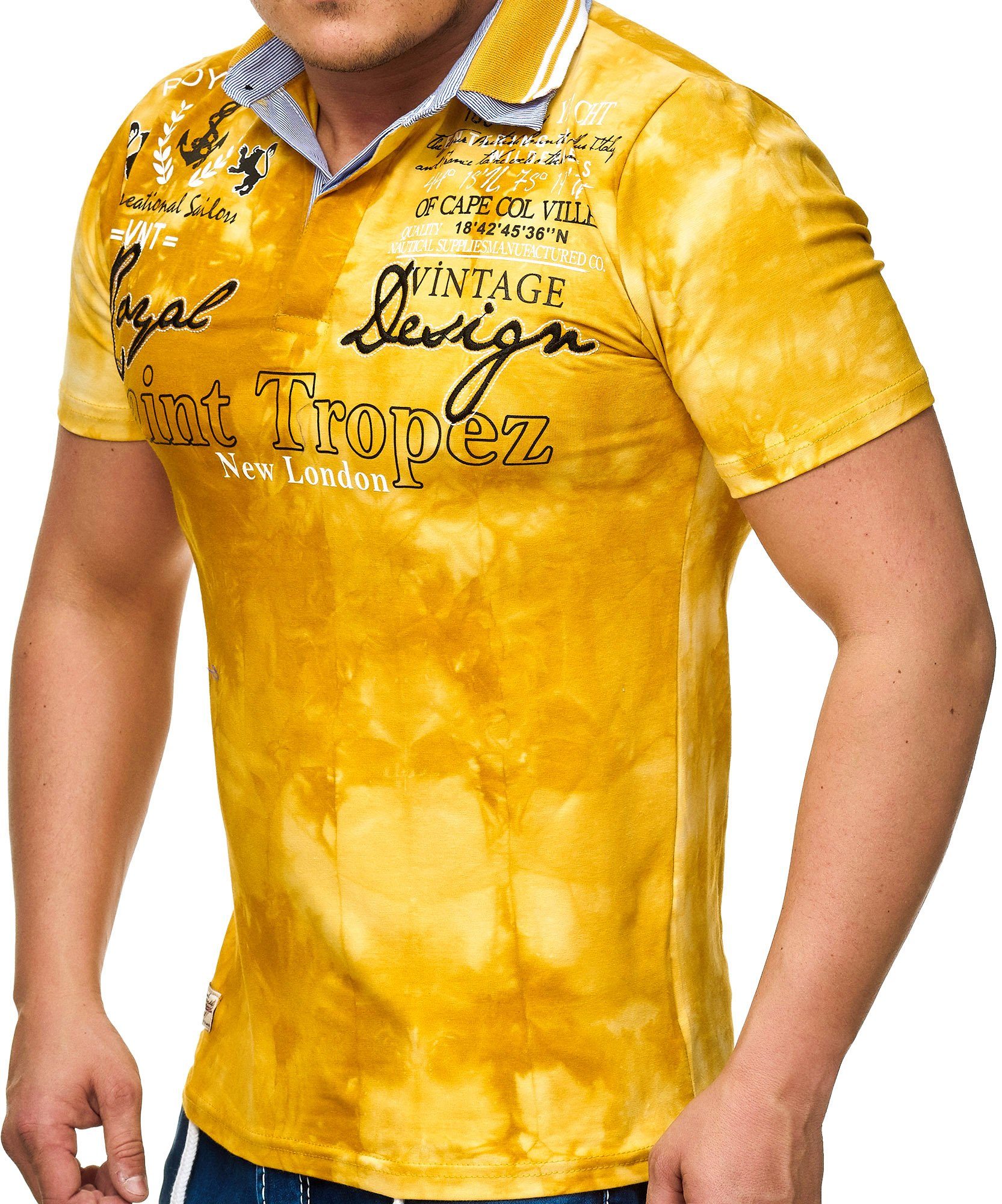 Kurzarm Gelb Shirt, Poloshirt (Packung, Herrenshirt, Shirt L.gonline Logoprint mit, 1-tlg) Herren Washed Design, Royal mit Polo Frontprint,