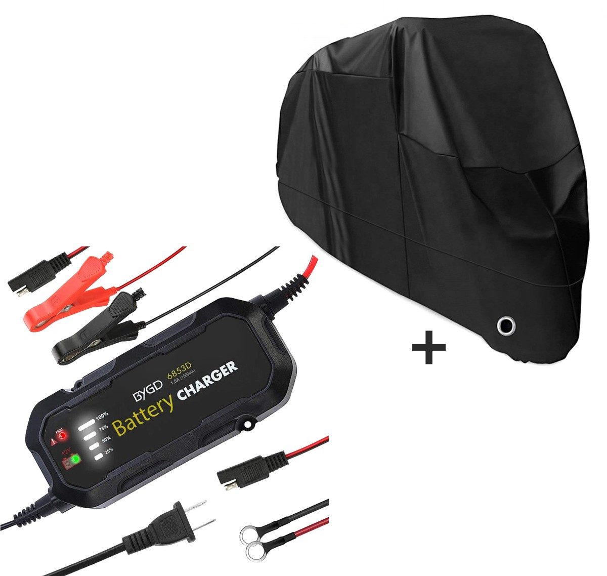 Set Motorrad Batterie Ladegerät + Abdeckplane XL schwarz Autobatterie-Ladegerät