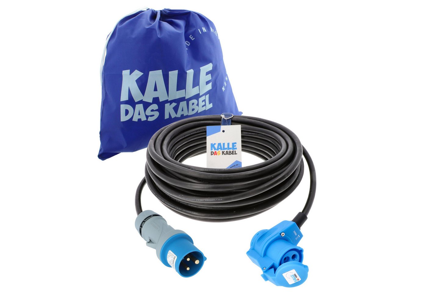 KALLE DAS KABEL Kalle Verlängerungskabel CEE 230V 16A 1,5 mm² Winkel IP44 20 Meter Verlängerungskabel, CEE Stecker, CEE Winkelkupplung mit Schuko Steckdose (2000 cm)