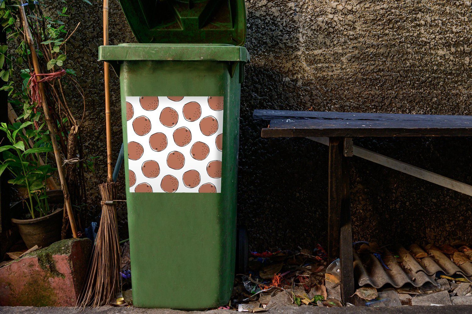 Container, - (1 - St), Mülltonne, MuchoWow - Kokosnüsse Sommer Abfalbehälter Braun Mülleimer-aufkleber, Wandsticker Sticker, Weiß
