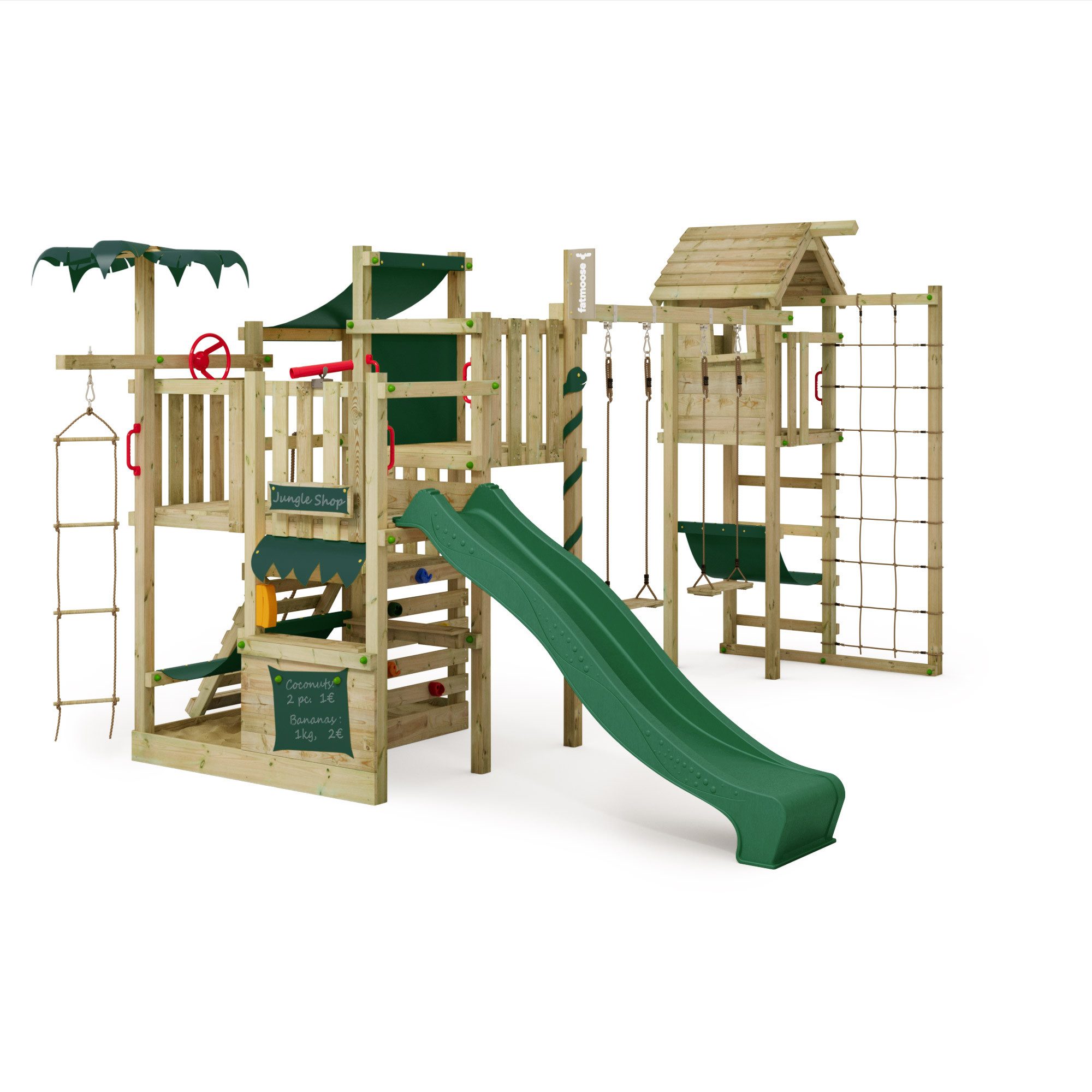 FATMOOSE Klettergerüst CrazyCoconut Club TowerSwing – Strandhaus mit Wellenrutsche & Schaukel, (Beach-Kletterturm mit Kletternetz, Ladentheke & Sprossenleiter, XXL-Kletterparadies für aktive Kinder), extrem witterungsbeständig mit 10 Jahren Garantie*