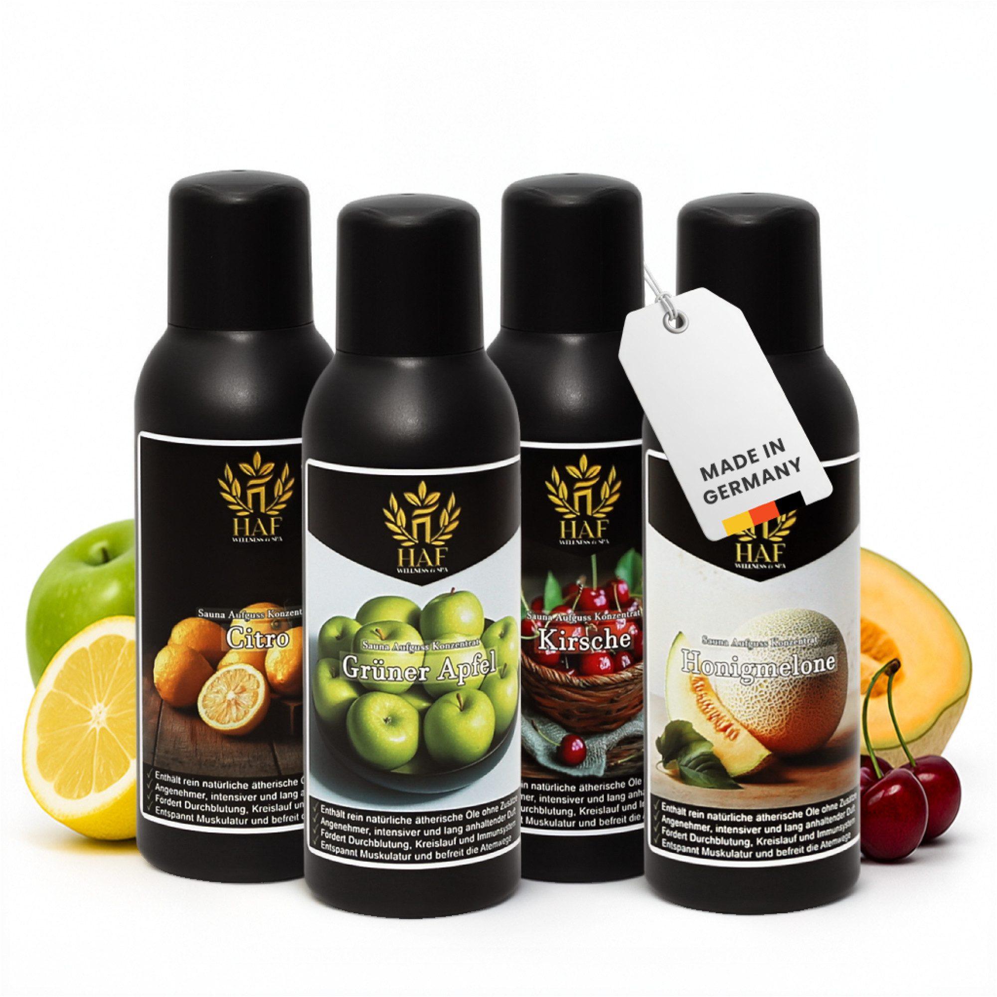 HAF Aufgusskonzentrat Sauna Aufguss Konzentrat 10 Sets in 4 Größen 400ml-1500ml Saunaaufguss, 400 ml, (Auswahl aus 10 verschiedenen Sets in den Größen:, 4x100ml, 6x100ml, 4x250ml, 6x250ml), Qualität: Made in Germany