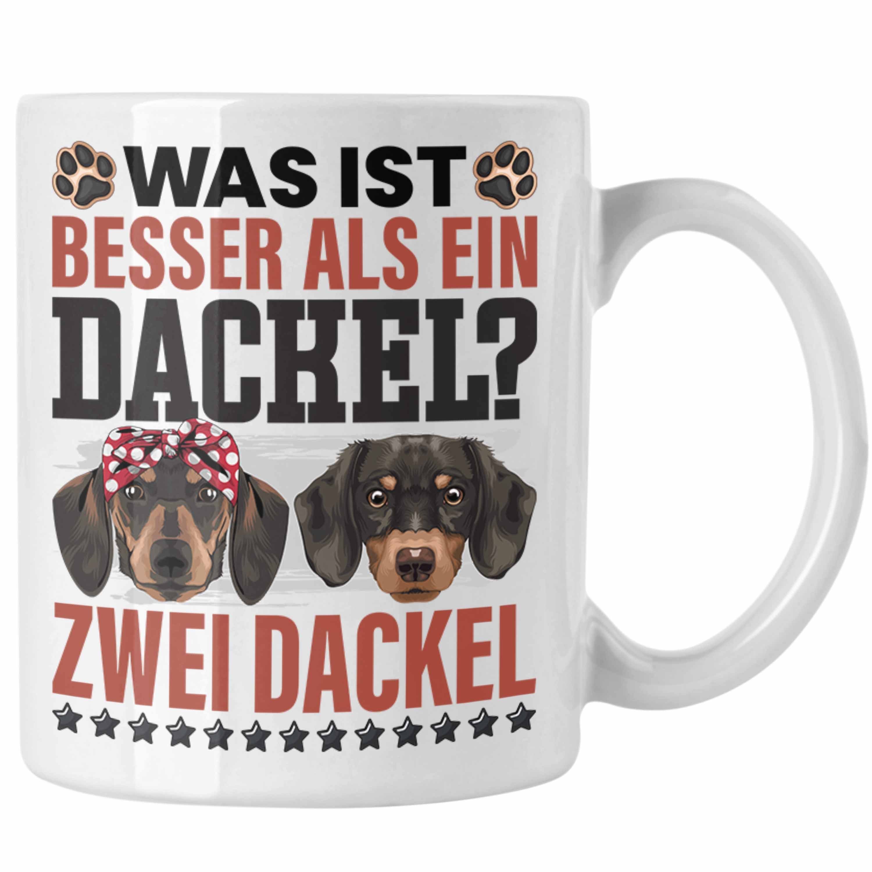 Trendation Tasse Dackel Mom Grafik Tasse Geschenk für Dackel-Besiterin Frauchen Geschen Weiss