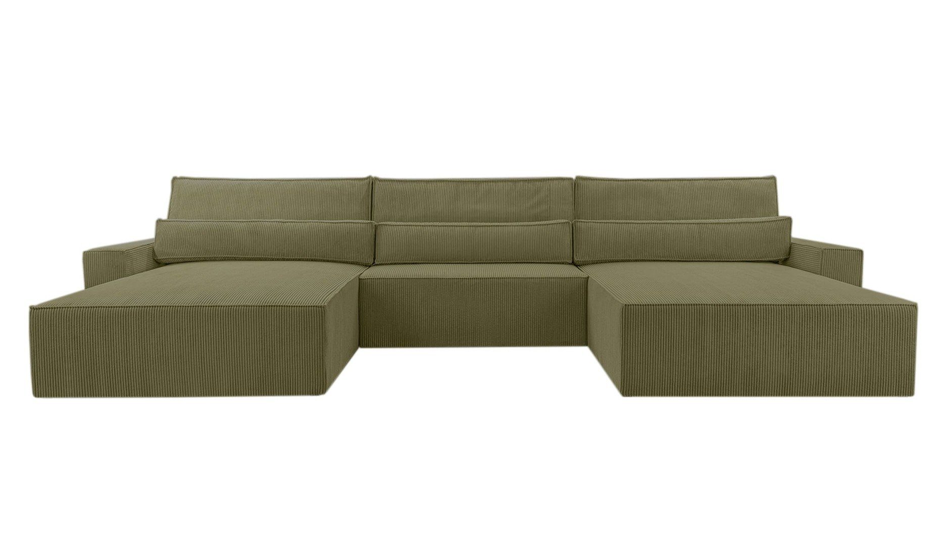 MOEBLO Wohnlandschaft DENVER U, Eckcouch aus Cordstoff Ecksofa U-Form Cord Sofa Couch Polsterecke U-Sofa - 420x85x185cm, mit Bettkasten und Schlaffunktion Oliv (Poso 46)