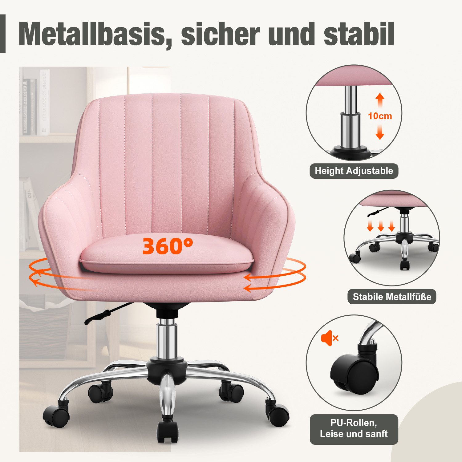Adormii Bürostuhl Homeoffice Stuhl,Schminkstuhl mit Armlehnen,Drehstuhl mit Rrollen (Samt Stuhl,höhenverstellbar,für Schminktisch,Arbeitszimmer, Schlafzimmer,15 – Bild 4 von 5