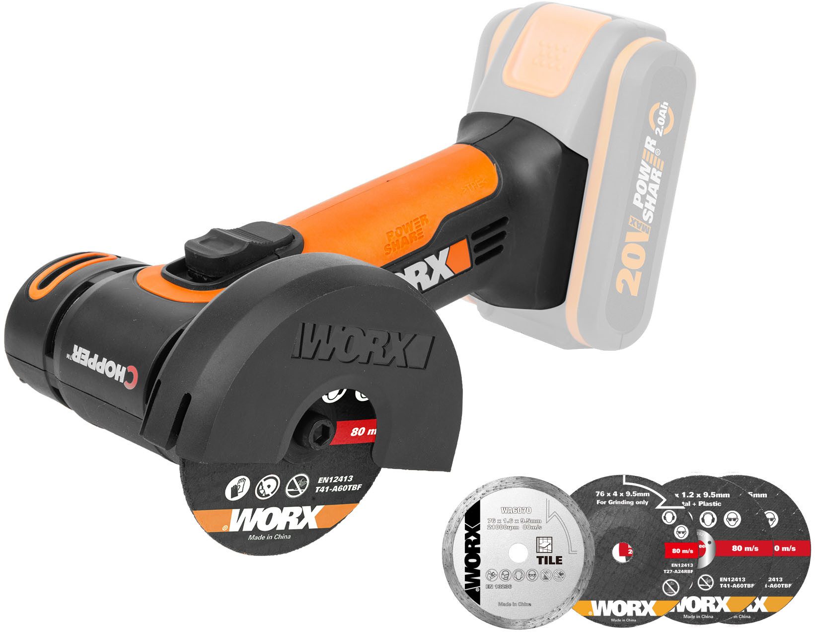 Worx Akku-Winkelschleifer WX801.9 Chopper, ohne Akku & Ladegerät