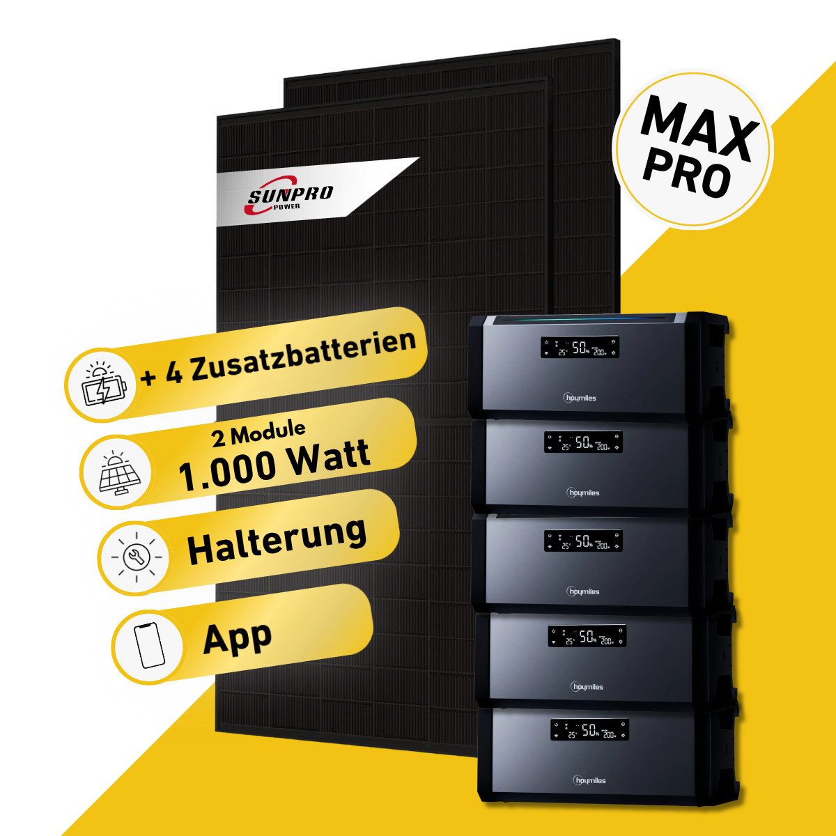 Balkonstrom Balkonkraftwerk MAX Pro 1000 Watt Solaranlage mit Speicher Komplettset Bifazial, 1000 W, Monokristallin, (2x Sunpro Solarmodul á 500 Watt, 1x Hoymiles HiBattery 1920 AC, 1-5 Zusatzspeicher Hoymiles HiBattery), Halterung für Dach, Fassade, Balkon & Garten, App & Plug&Play DE