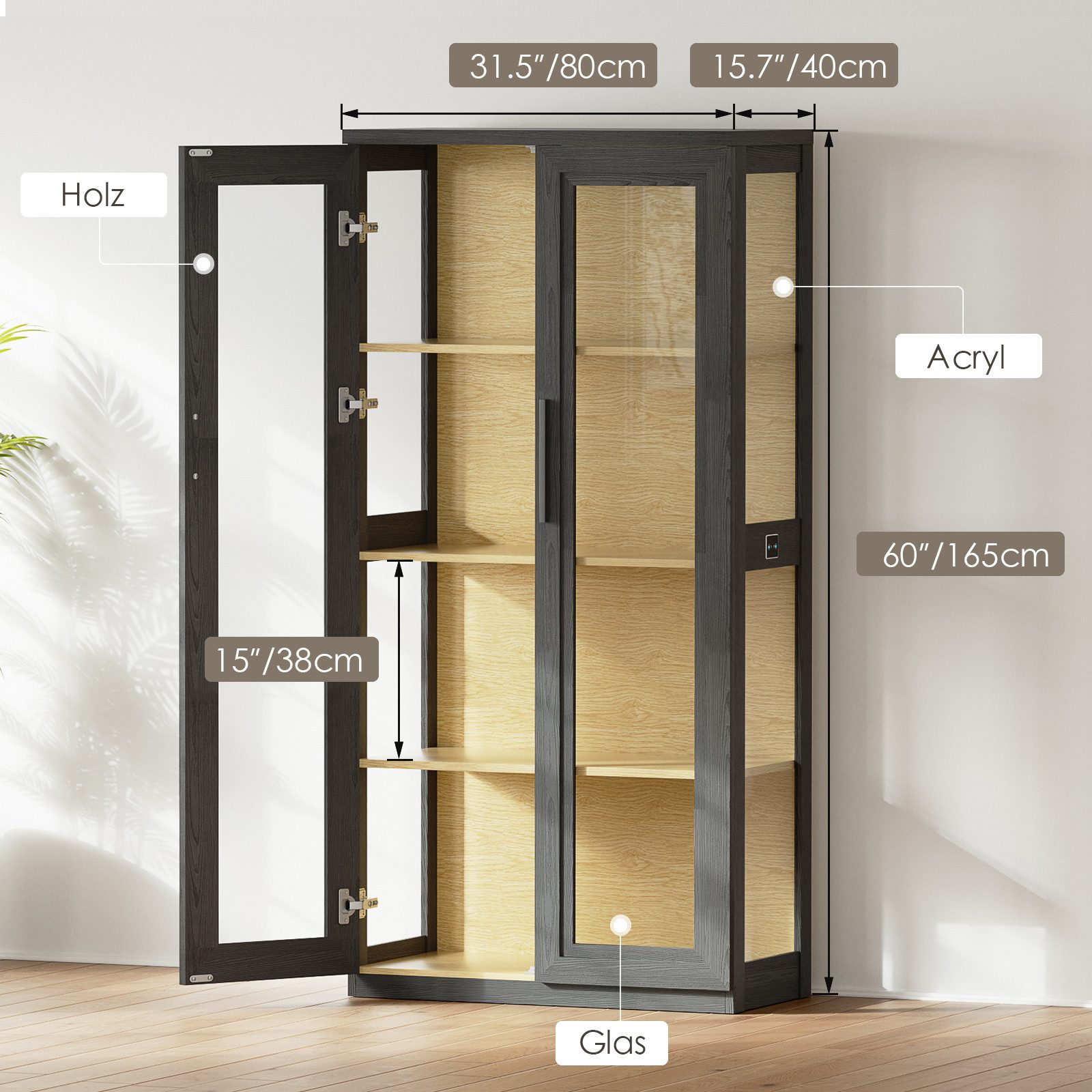 BROTTAR Glasvitrine Glasscheibenschrank, Curio -Schrank mit zwei Glastüren (1-St) mit 3-Farb-LED, großzügigem Stauraum und Magnetverschluss