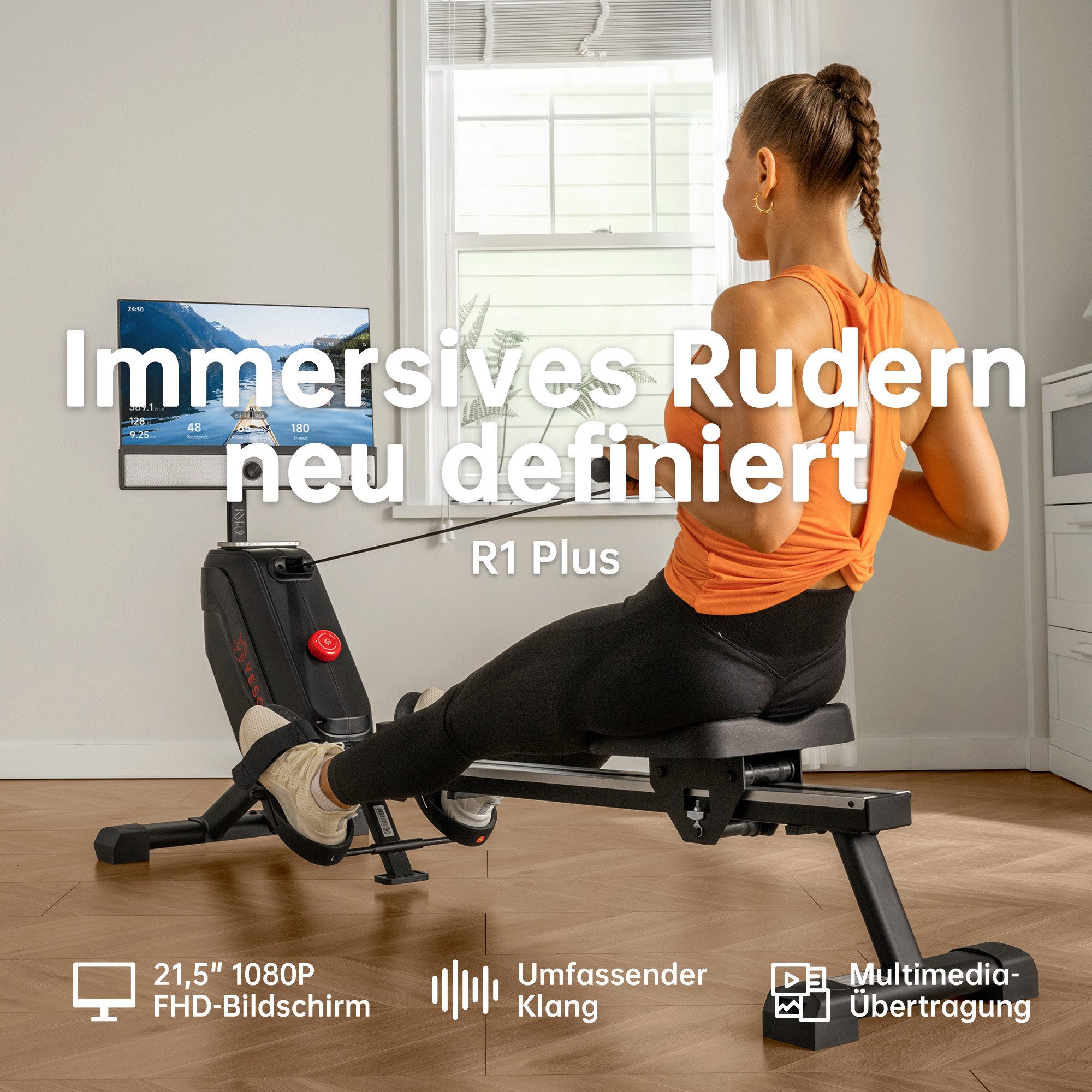 yesoul Rudergerät R1 Plus (mit 100 Widerstandsstufen, Rudermaschine), 21,5-Zoll-LED-FHD-Bildschirm, Klappbar, Kinomap&Zwift komp.