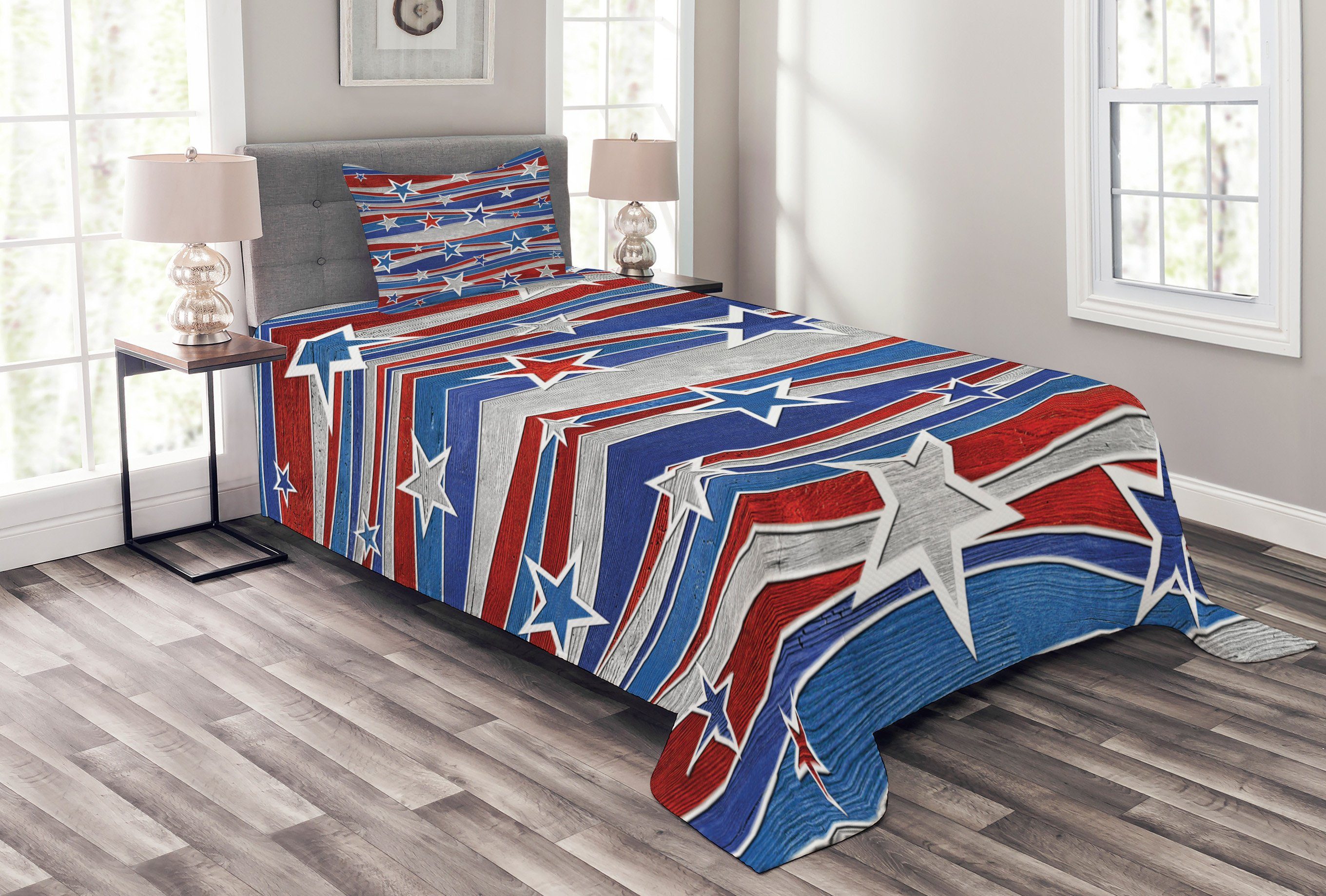 Waschbar, USA mit Kissenbezügen Abakuhaus, Vereinigte Flag Set Tagesdecke Abstract Staaten