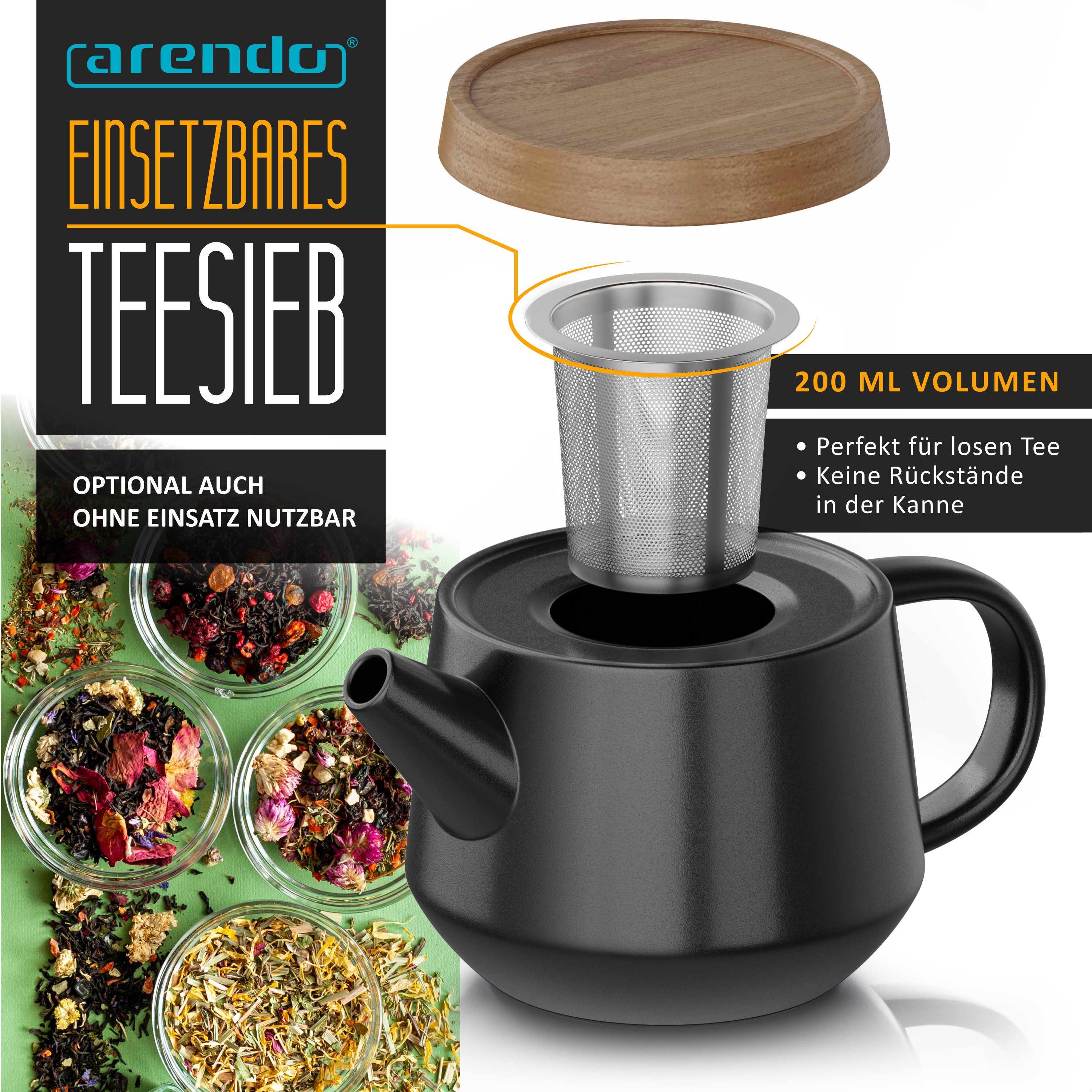 Arendo Teeservice Keramik Teekannen Set 0,6 L, modernes japanisches Design mit Teesieb (5-tlg), 2 Personen, Porzellan / Keramik, Porzellan, Teekanne mit Deckel  – Bild 3 von 5
