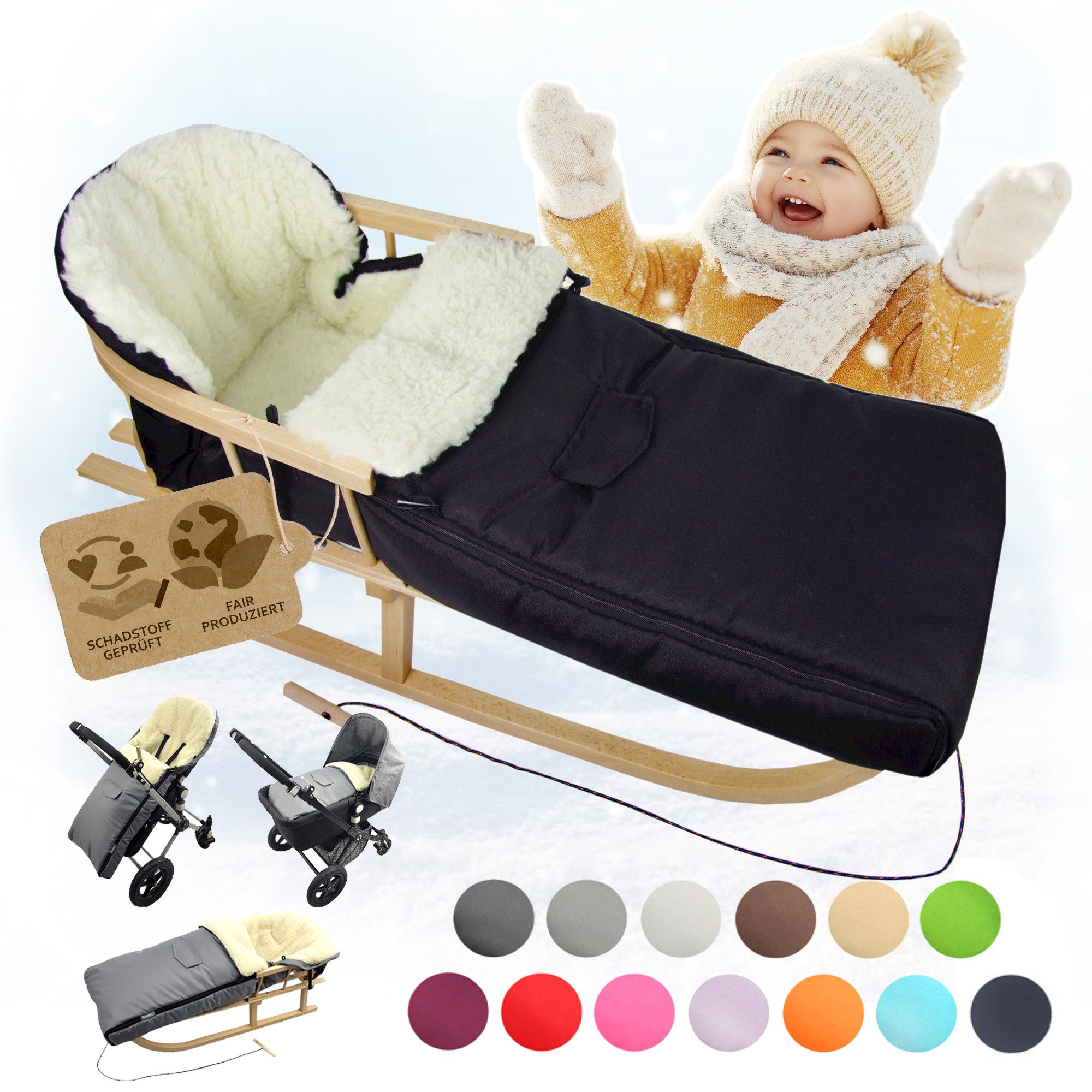 BambiniWelt by Rafael K. Schlitten CE-HOLZSCHLITTEN mit Rückenlehne Zugleine + WINTERFUßSACK Wolle 108cm (universaler Winterfußsack (108cm) + Holzschlitten (90cm), Kombi-Angebot