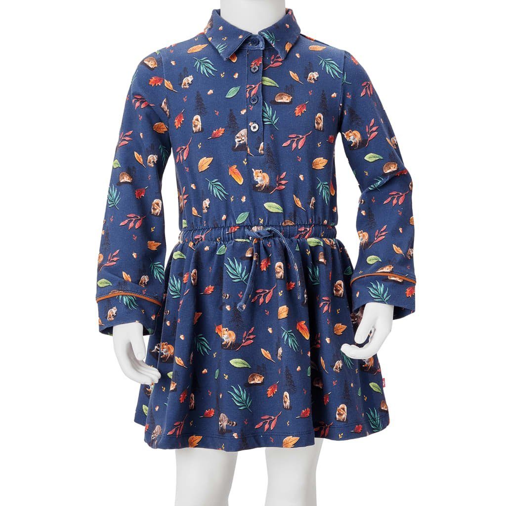 vidaXL A-Linien-Kleid Kinderkleid mit Langen Blattmuster Marineblau Ärmeln 140