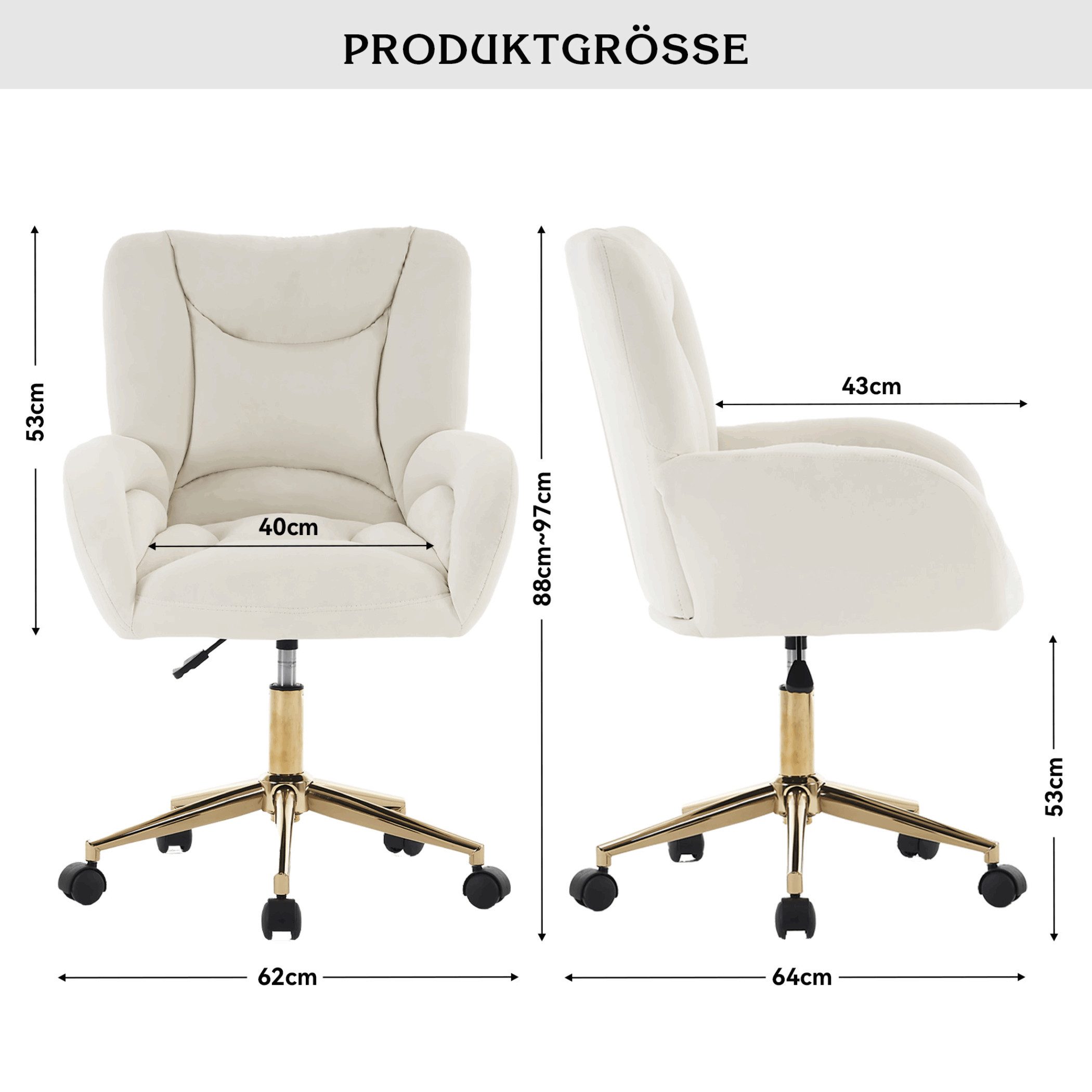 SeedWave Drehstuhl mit Rollen, Homeoffice Stuhl Höhenverstellbarer Sessel mit Kreuzfüßen, Samtstoff Schreibtischstuhl mit Metallbasis und Steppdesign