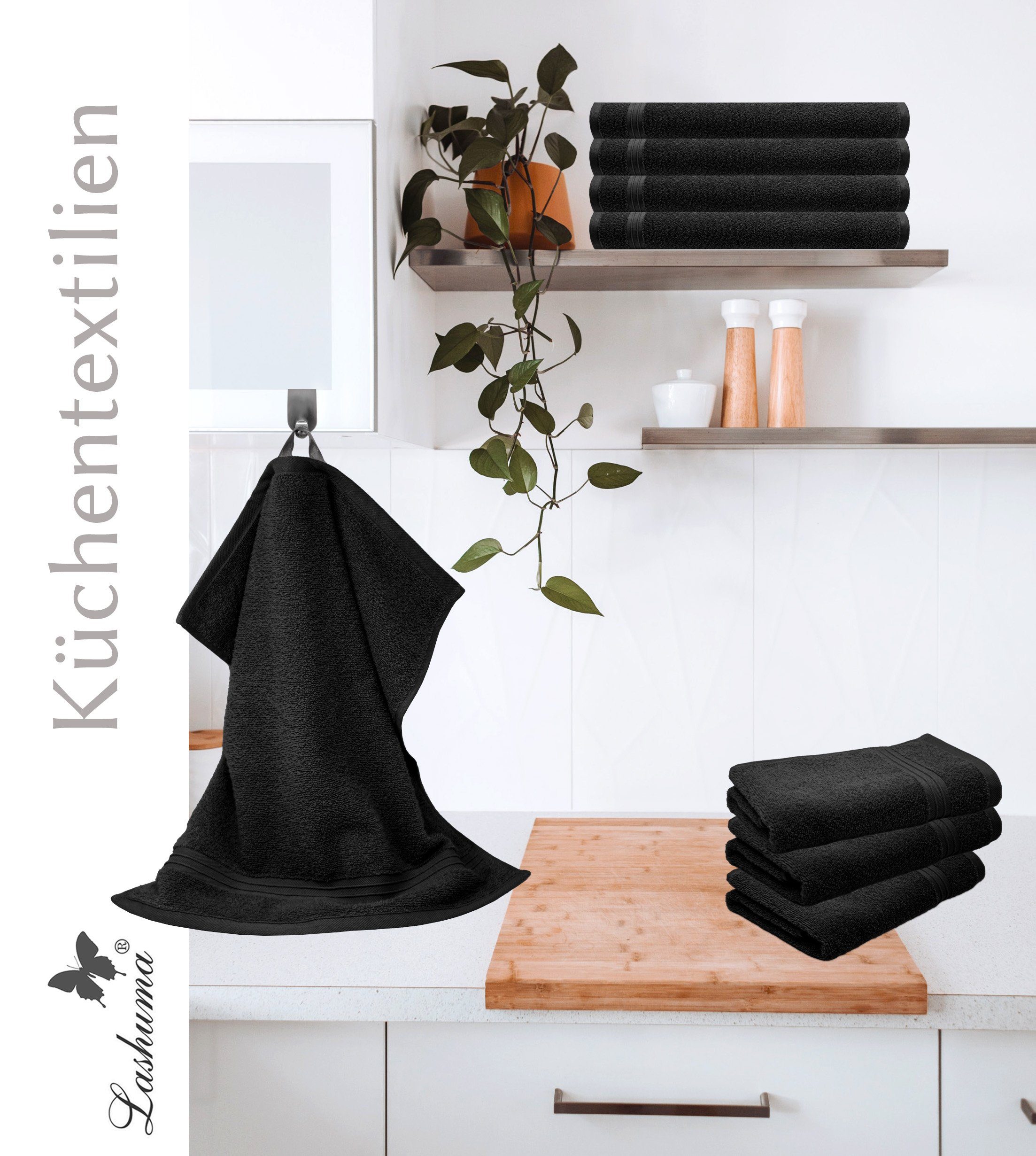 Lashuma Handtuch Set Linz Küchentücher, 4-tlg), Frottee, Geschirrhandtücher 50x50 (Spar-Set, schwarz Frottee cm