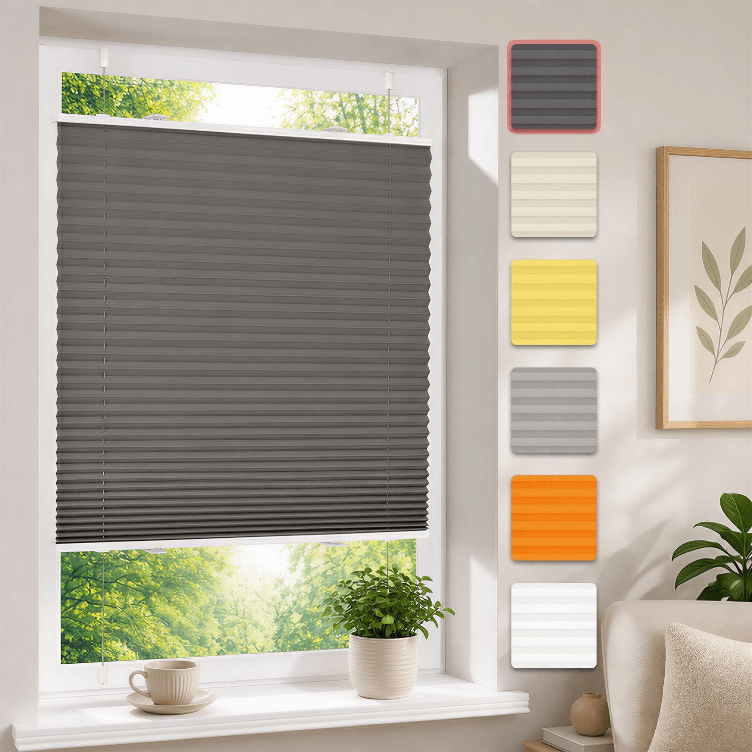 OUBO Plissee Faltrollo Ohne Bohren, Lichtschutz, Klemmträger,Easyfix, Lichtschutz, verspannt, Klemmfix, Jalousie für Fenster & Tür