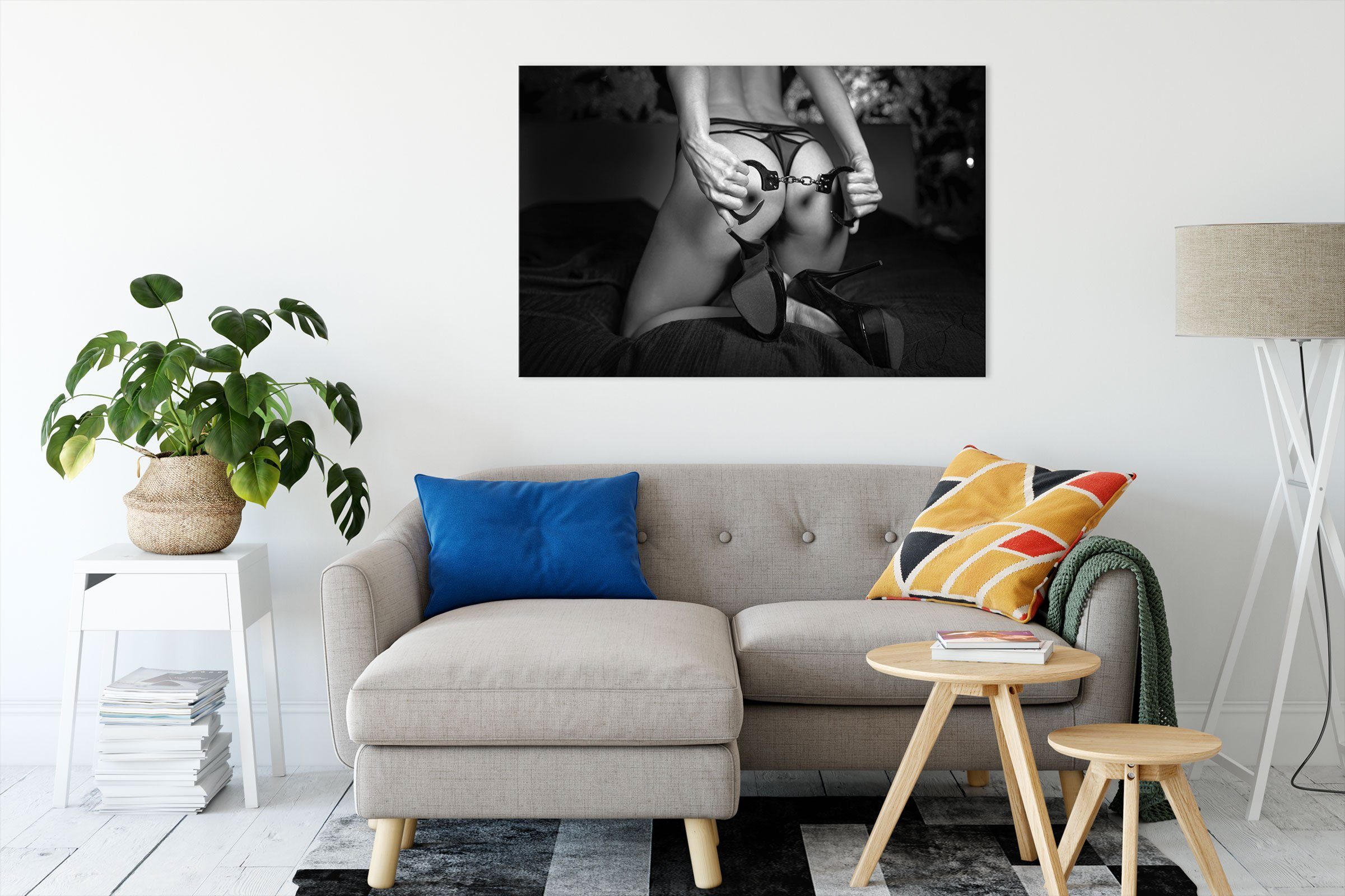 Pixxprint Leinwandbild Frauenpo mit mit (1 bespannt, fertig St), Leinwandbild Frauenpo inkl. Handschellen Zackenaufhänger Handschellen