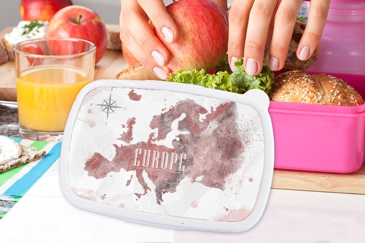 für Erwachsene, rosa Europa - Kinder, Kunststoff - - Kompass, Aquarell Lunchbox Brotdose Karte (2-tlg), Snackbox, Kunststoff, MuchoWow Brotbox Mädchen,