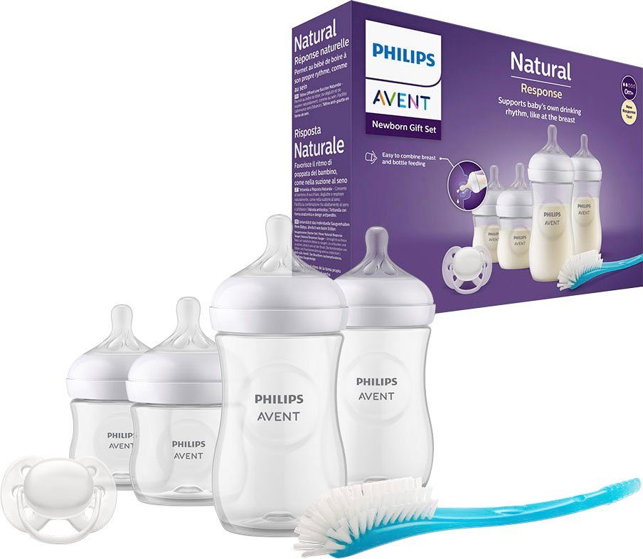 Philips AVENT Babyflasche Natural Response Starter-Set für Neugeborene  SCD838/11, 4 Flaschen, ultra soft Schnuller und Flaschenbürste, Das  tropfsichere Sauger-Design verhindert, dass die Milch verschüttet wird