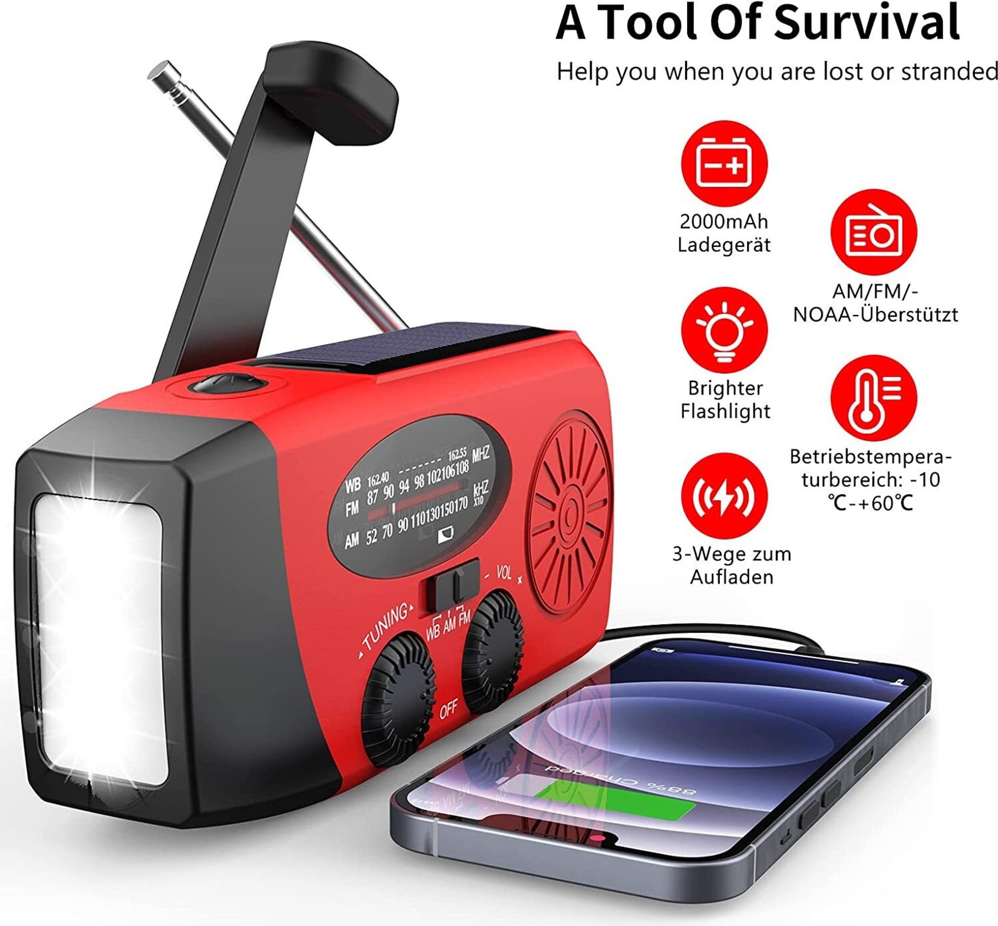 FELIXLEO Solar Kurbelradio LED Taschenlampe Notfallradio AM FM 2000mAh Akku Notfallradio